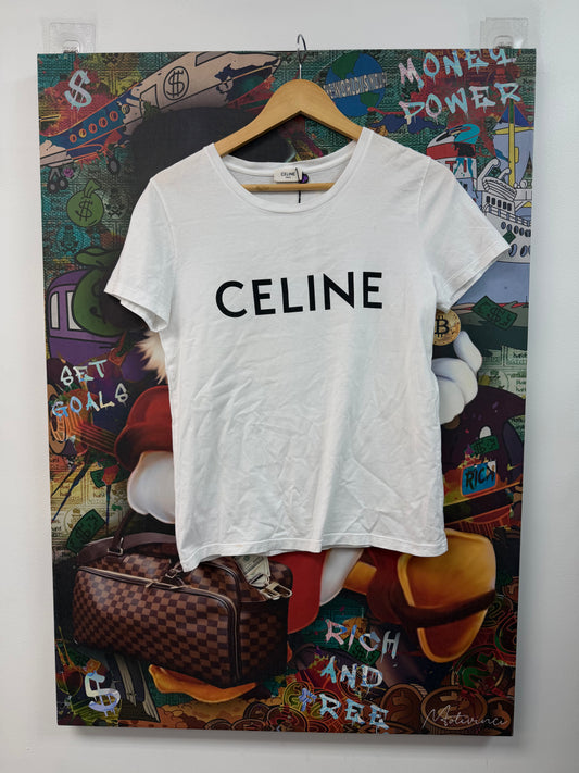 Celine Women's White Black Spellout Logo Tee