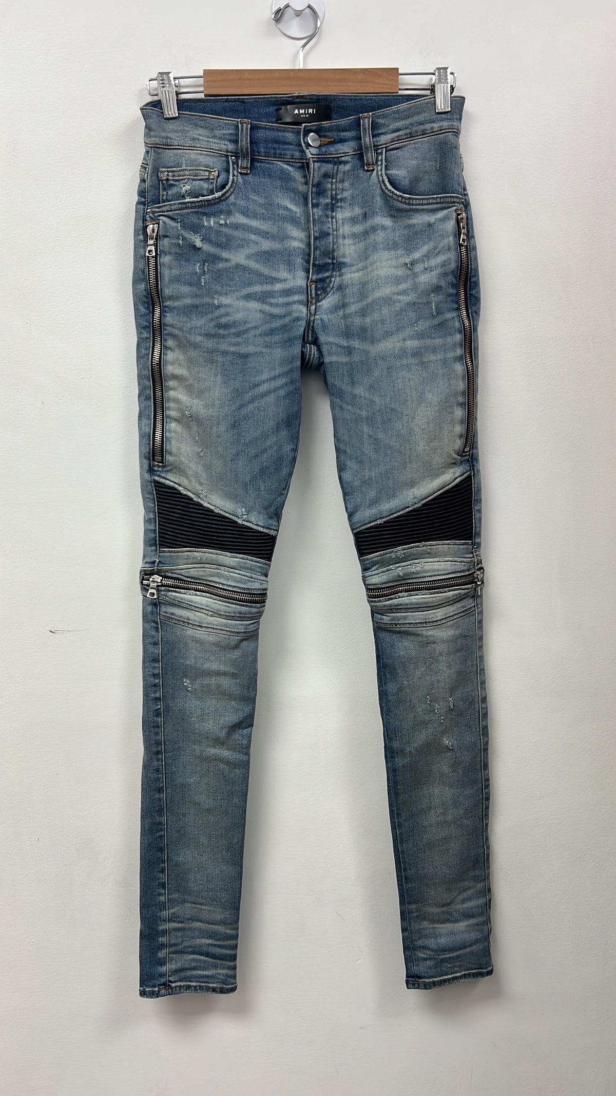 Amiri MX2 Light Wash Black Leather Patch Jeans