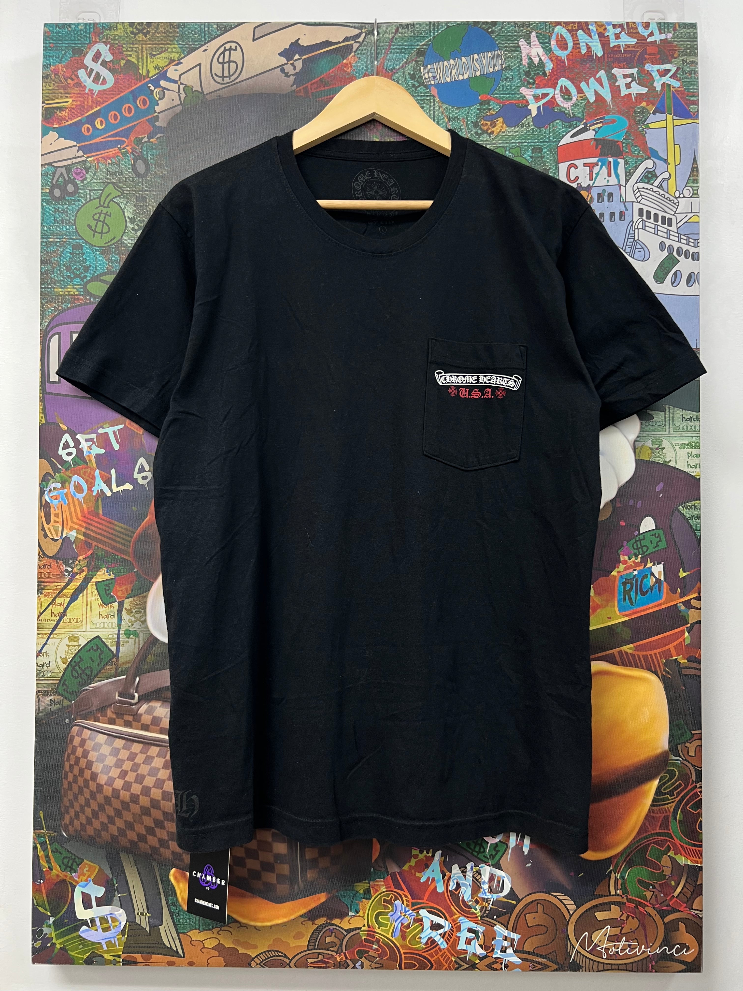 Chrome Hearts Black USA Flag Pocket Scroll Logo Tee
