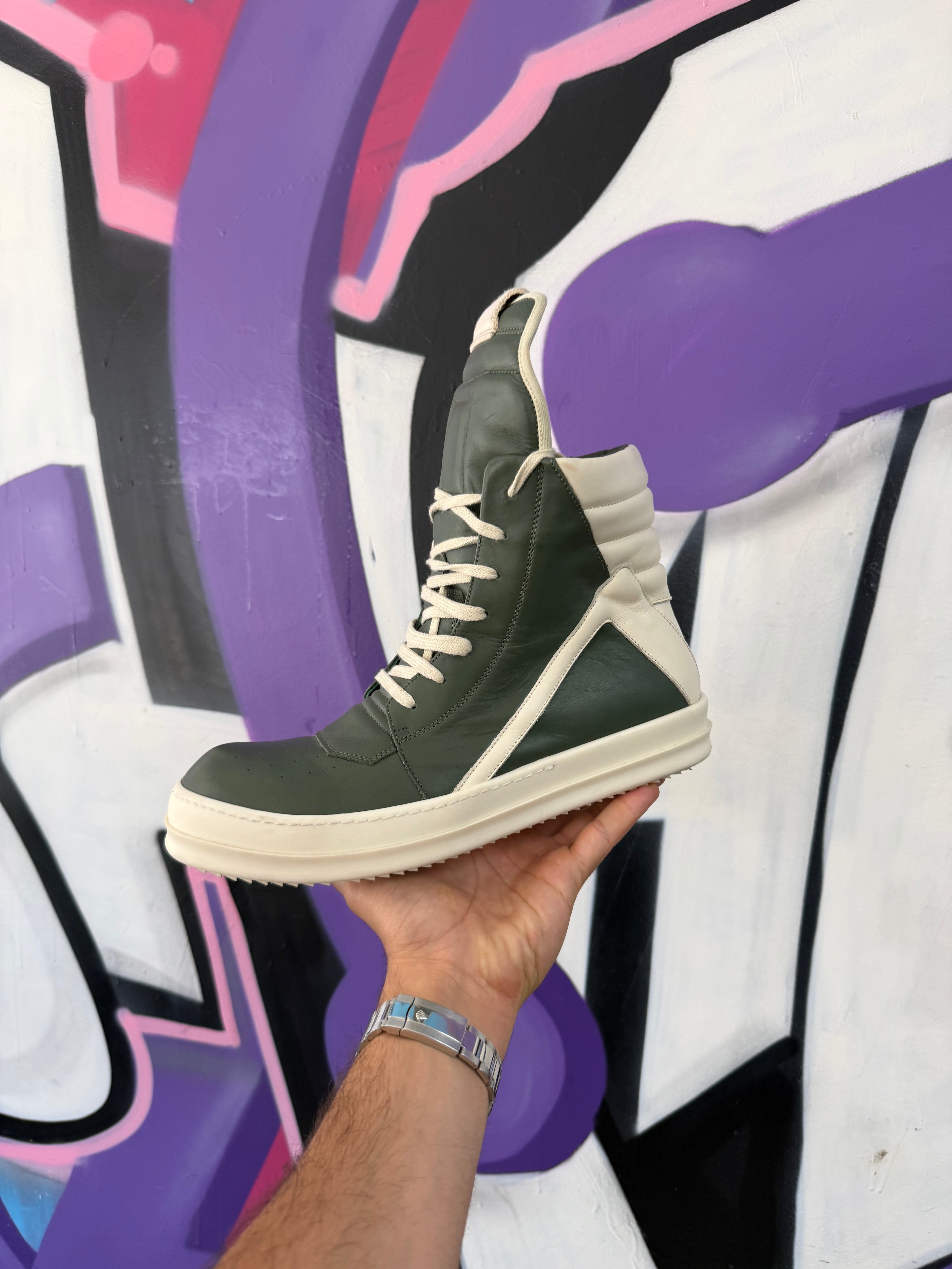Rick Owens Green Milk White Geobasket Sneakers