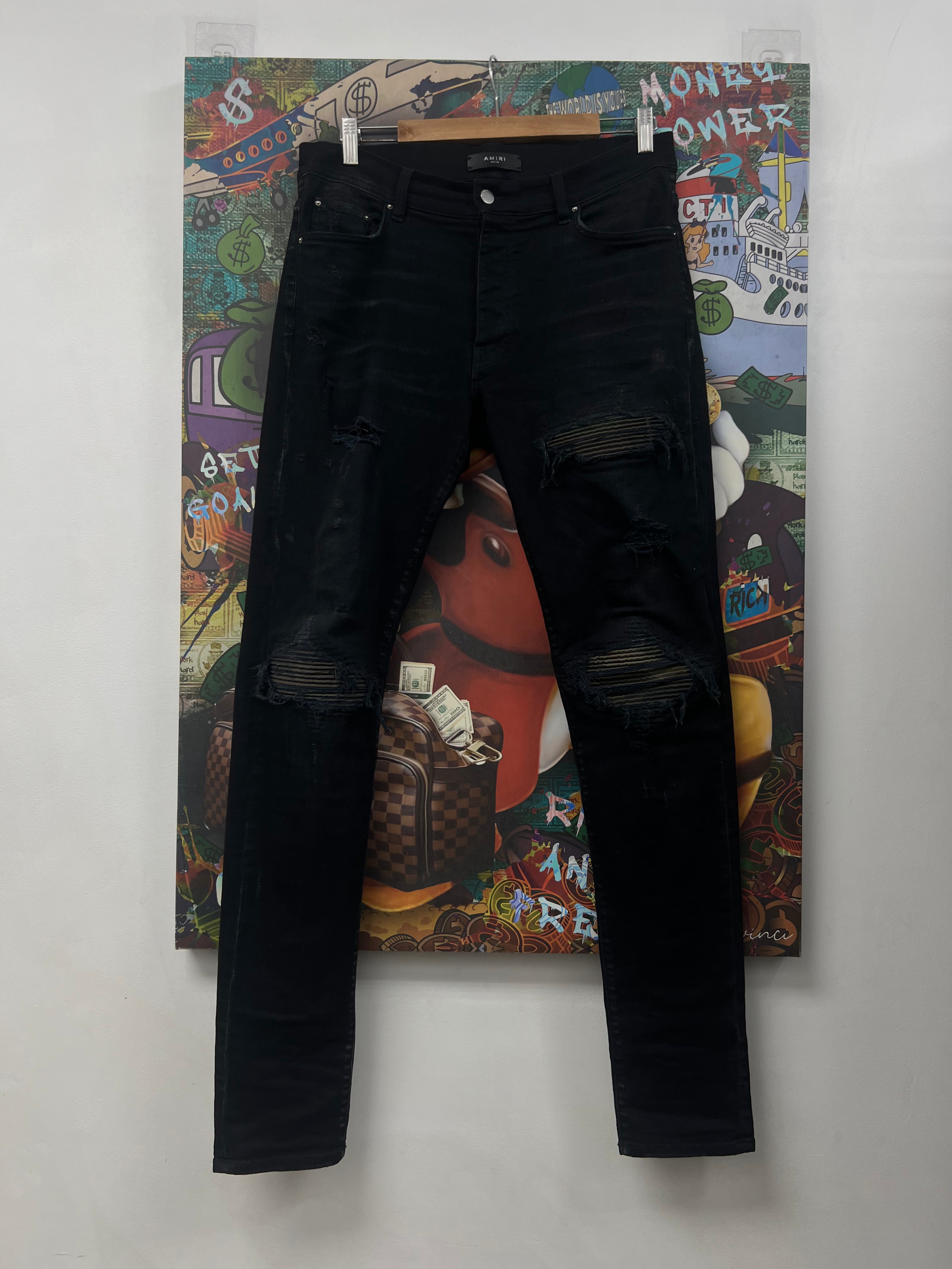 Amiri MX1 Black Wash Camo Patch Jeans