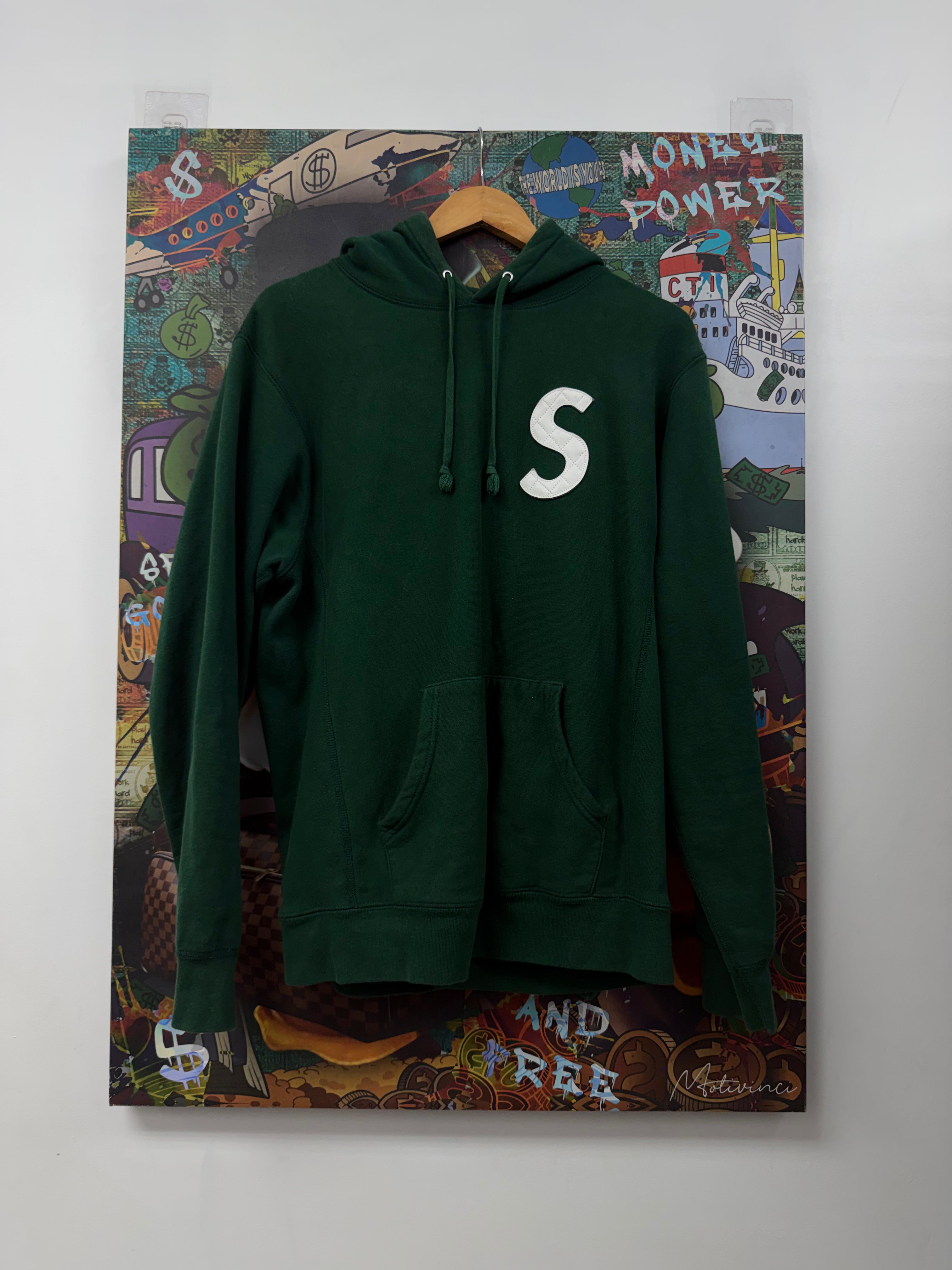 Supreme Green White Quilted Leather S Logo Hoodie