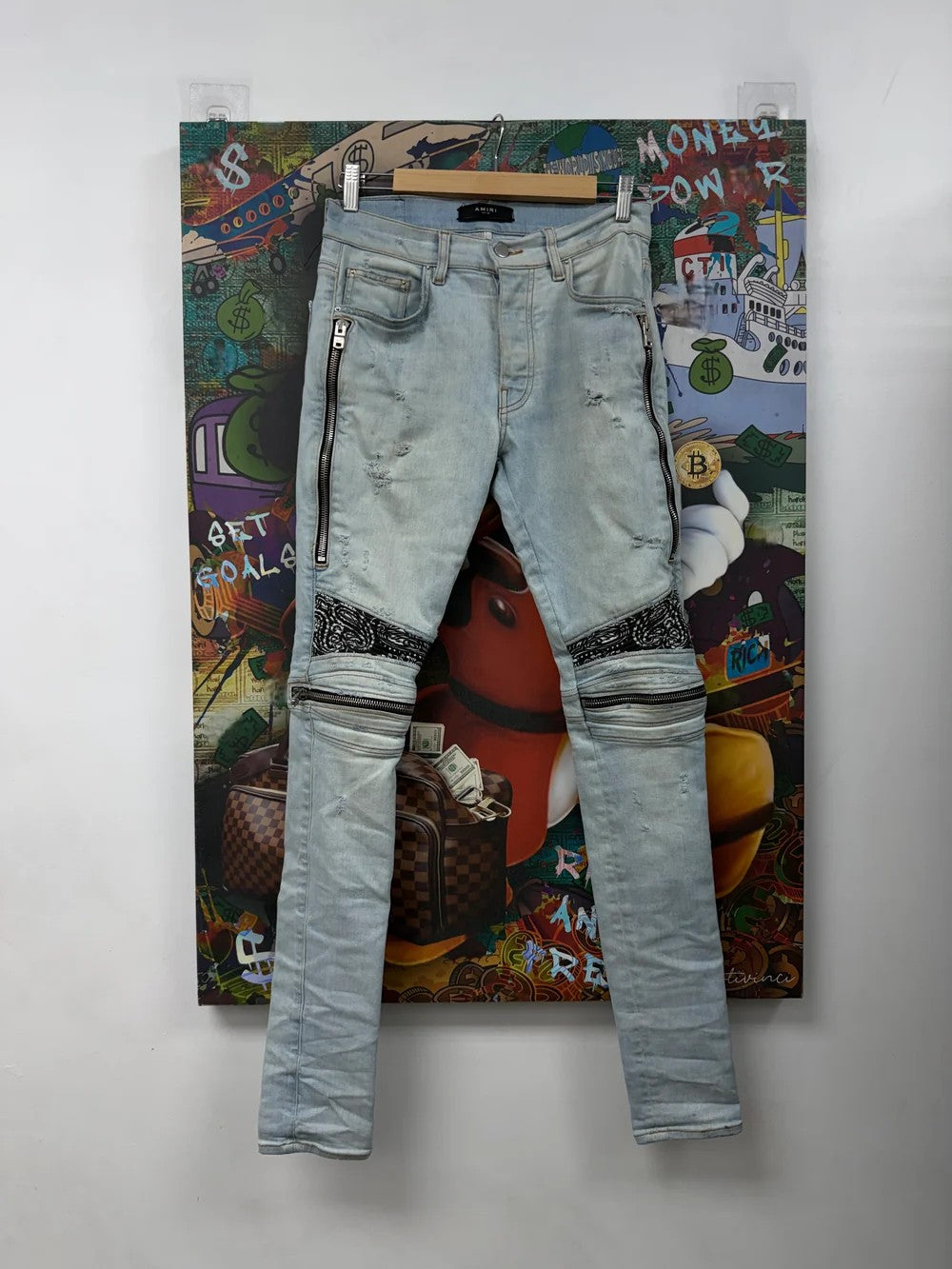 Amiri "MX2" Paisley Patch Light Wash & White Jeans