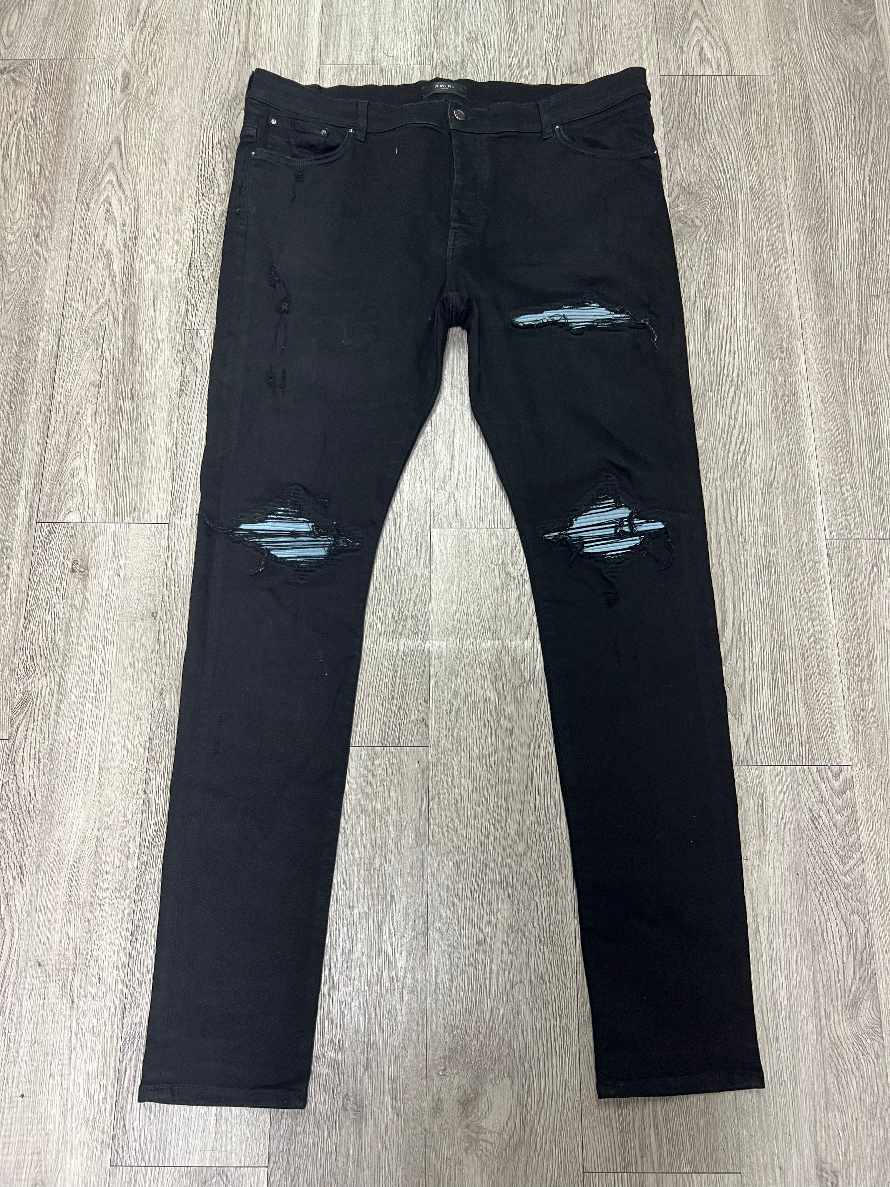 Amiri MX1 Black Baby Blue Suede Patch Jeans