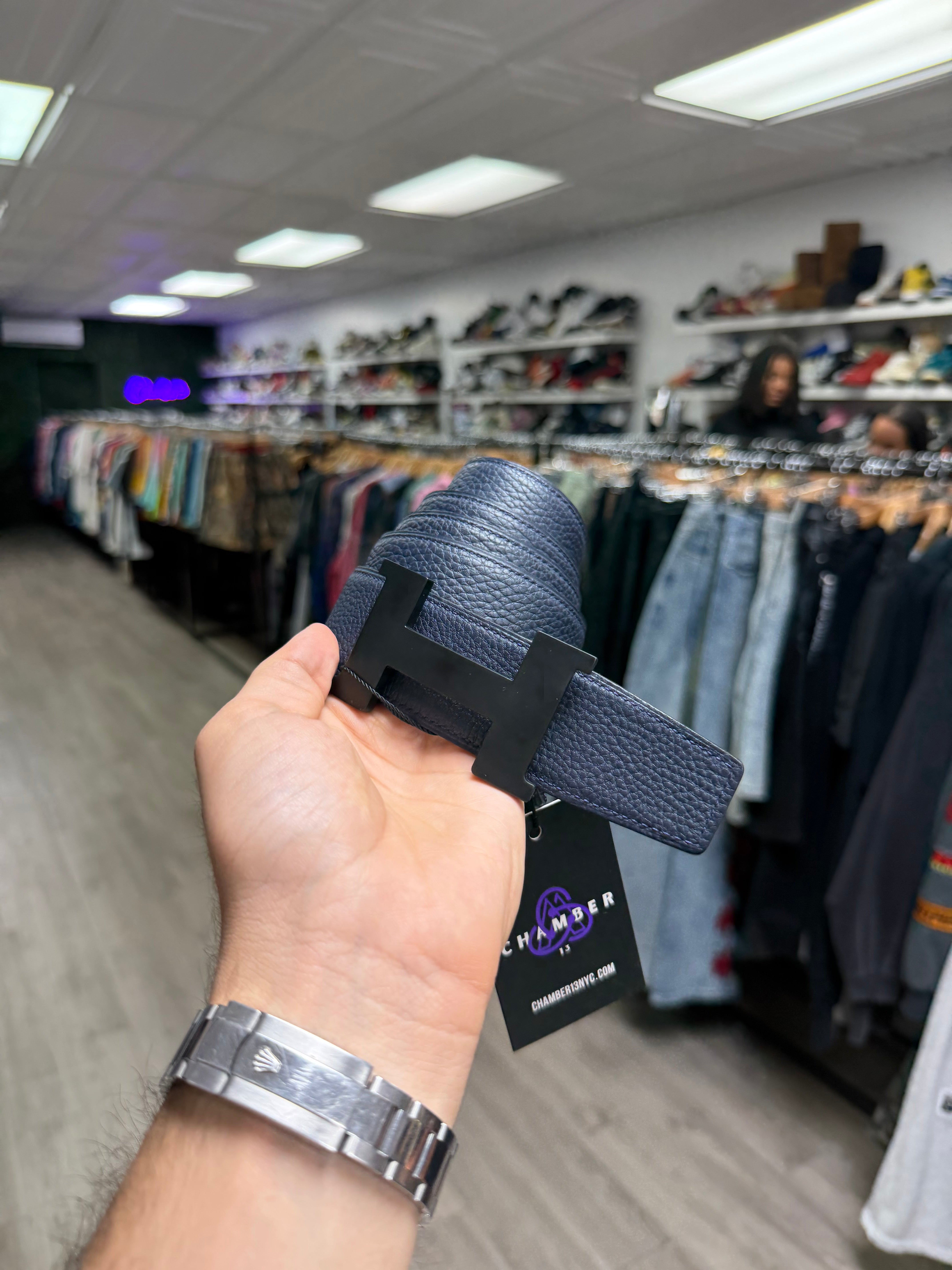Hermes Black Navy Black Buckle Reversible Belt