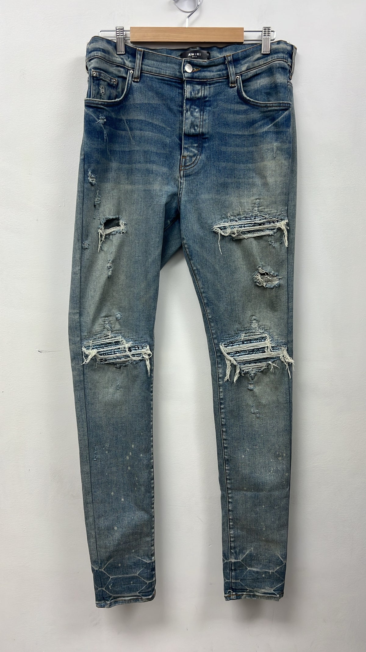 Amiri MX1 Light Wash Baby Blue Paisley Patch Jeans
