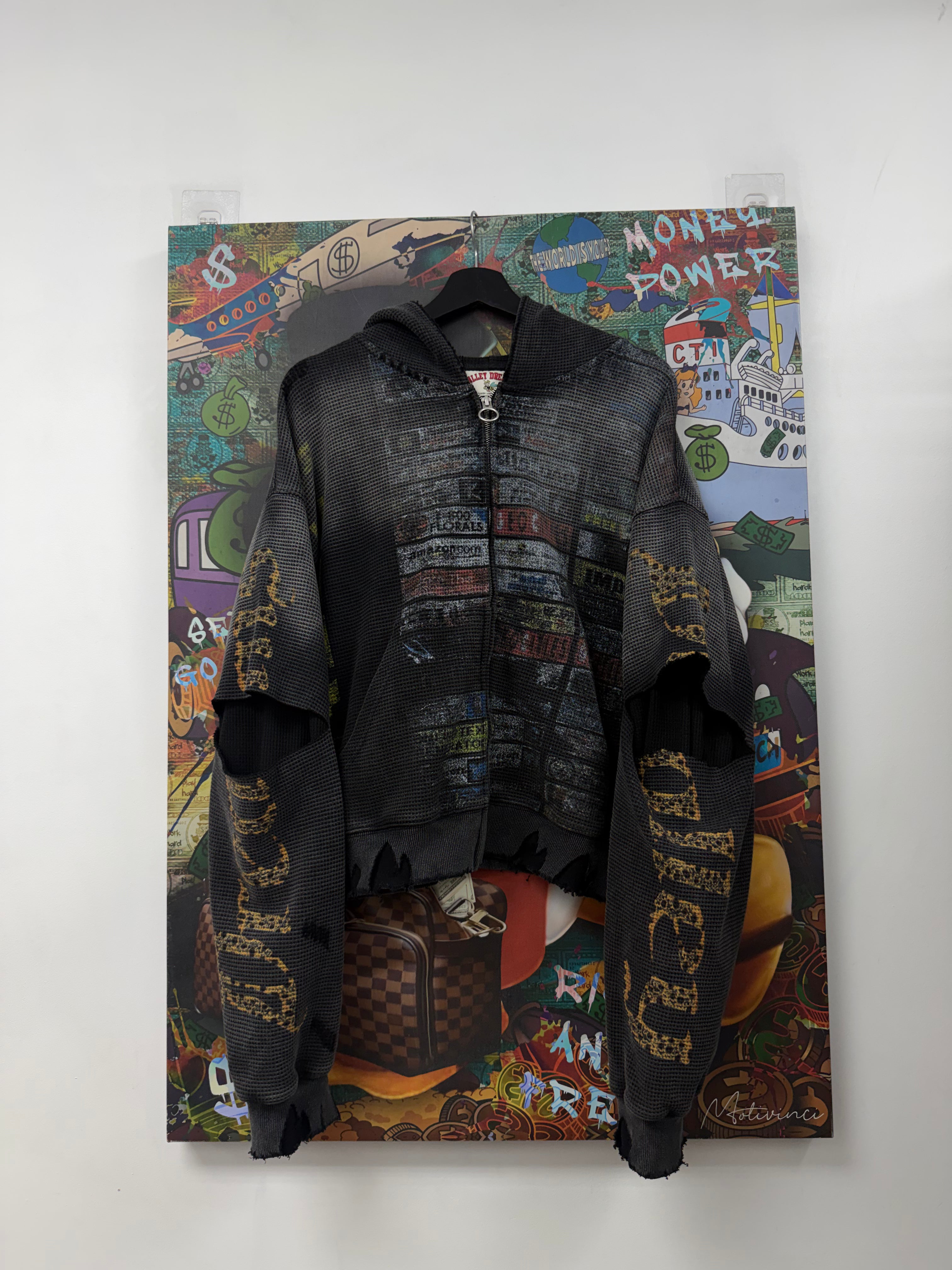 Vale Black Glitch Waffle Thermal Zip Up Hoodie