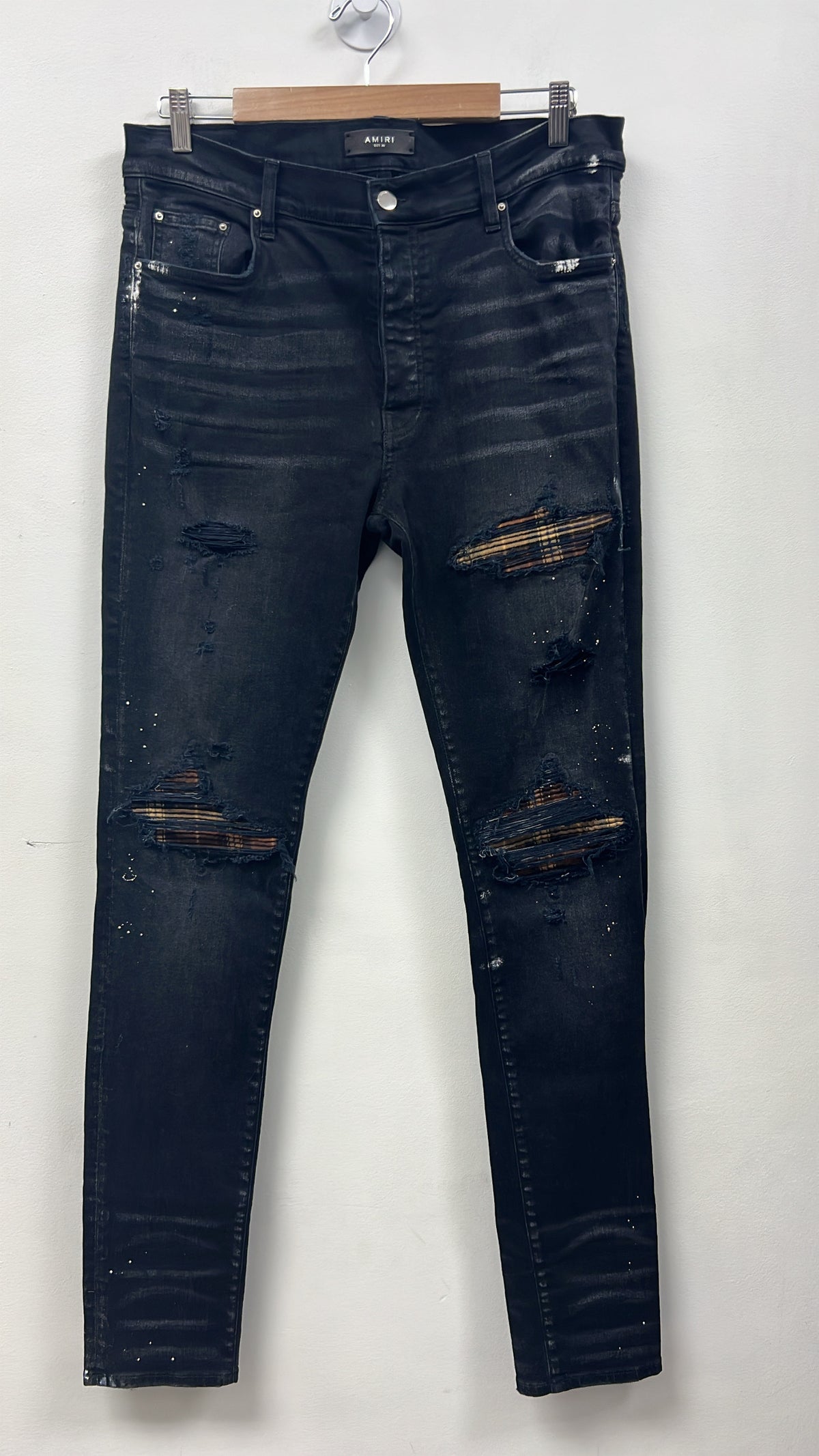 Amiri MX1 Black Wash Brown Plaid Patch Jeans