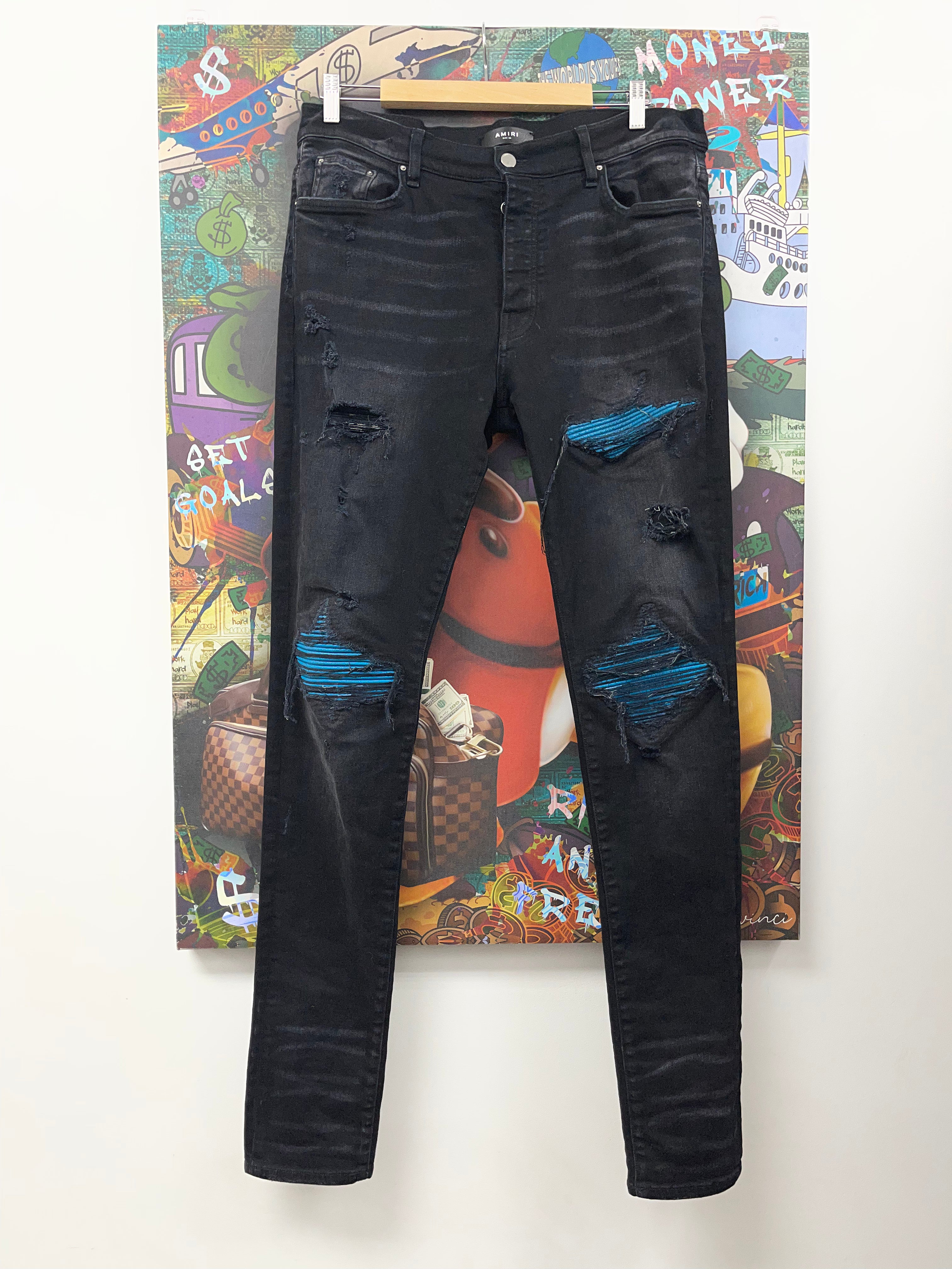 Amiri MX1 Black Wash Blue Crackle Patch Jeans