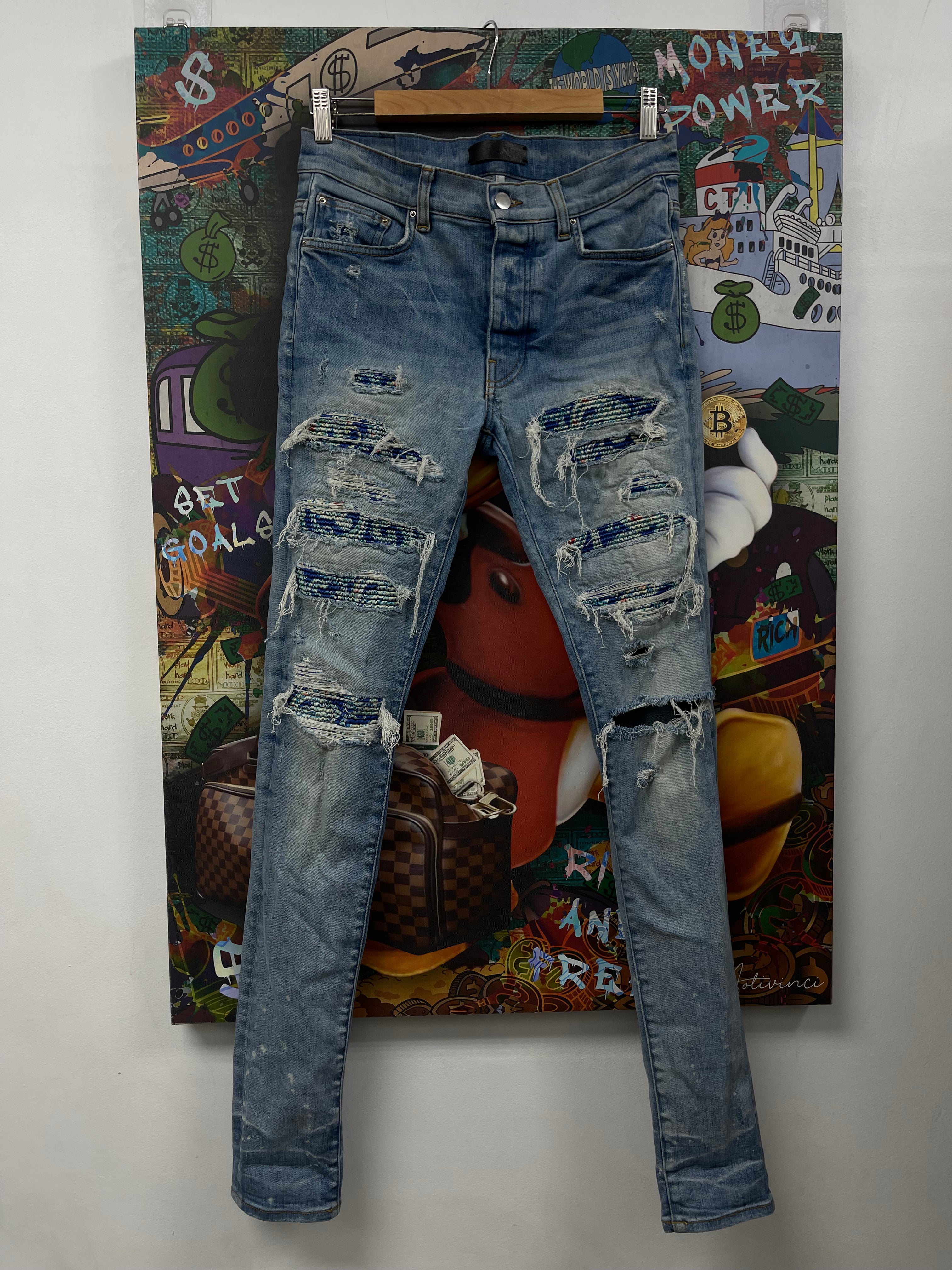Amiri Light Wash Pajama Paisley Thrasher Patch (Tear By Crotch) Jeans