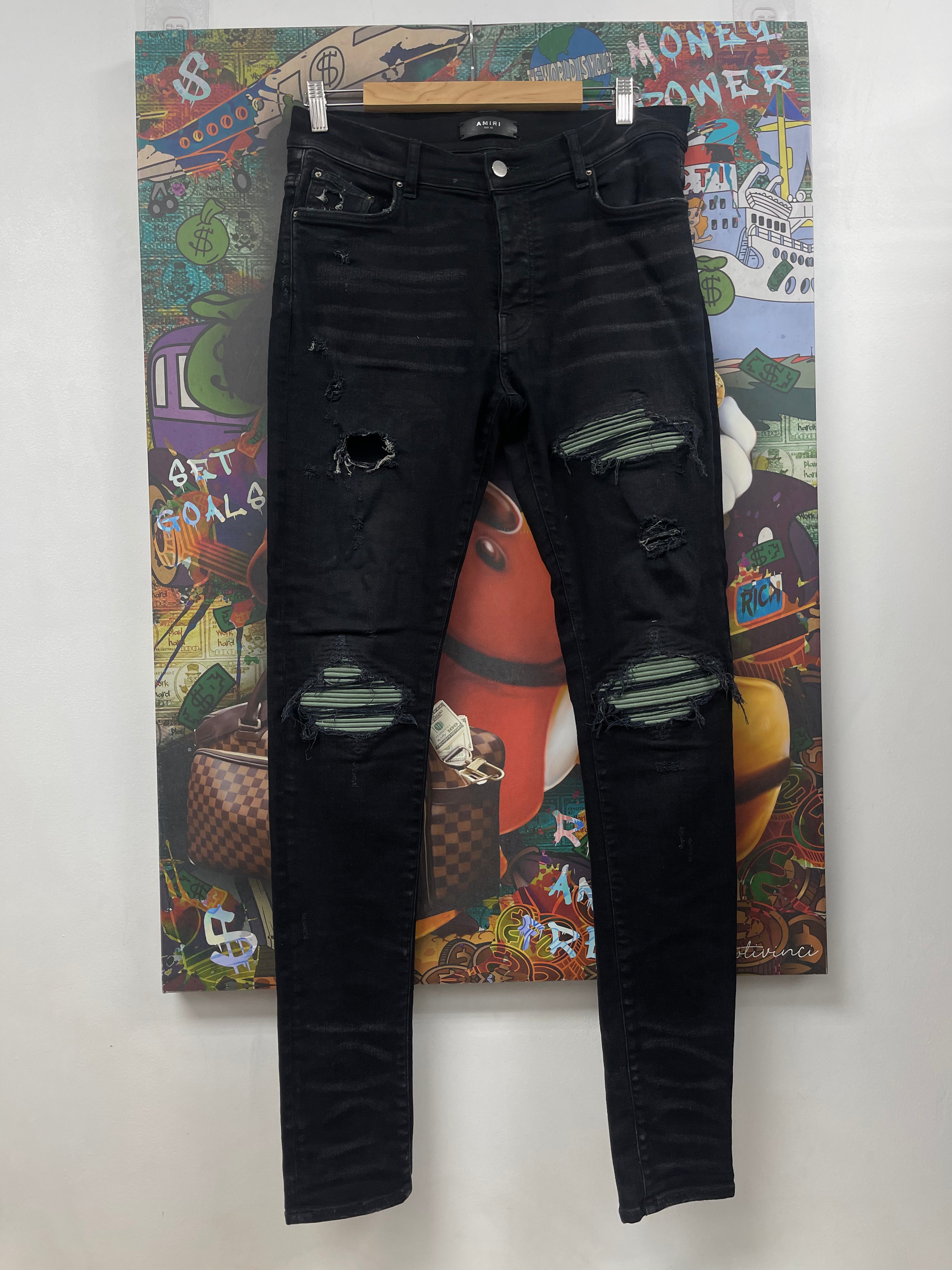 Amiri MX1 Black Wash Olive Patch Jeans