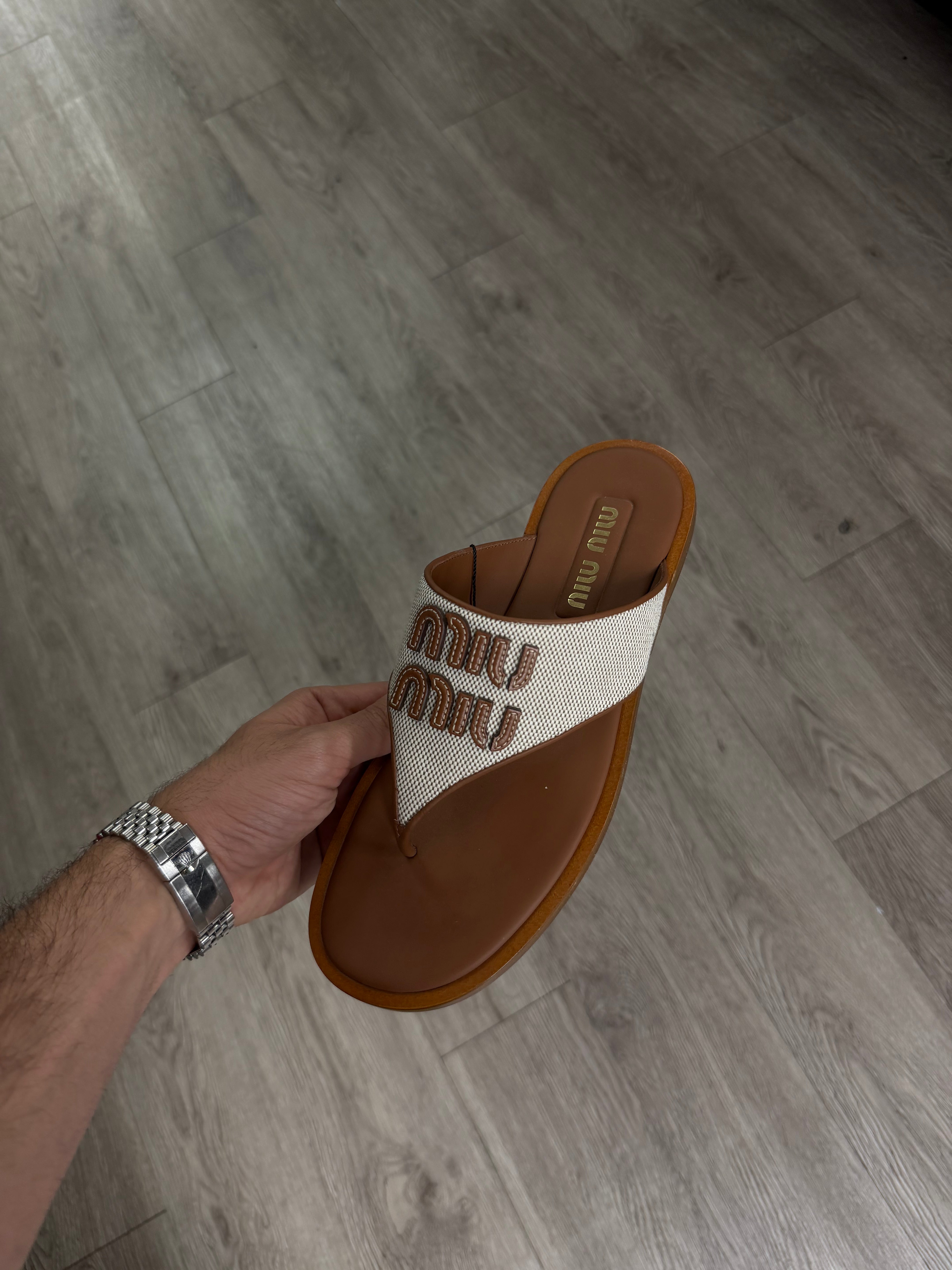 Miu Miu Canvas & Leather Thong Sandals