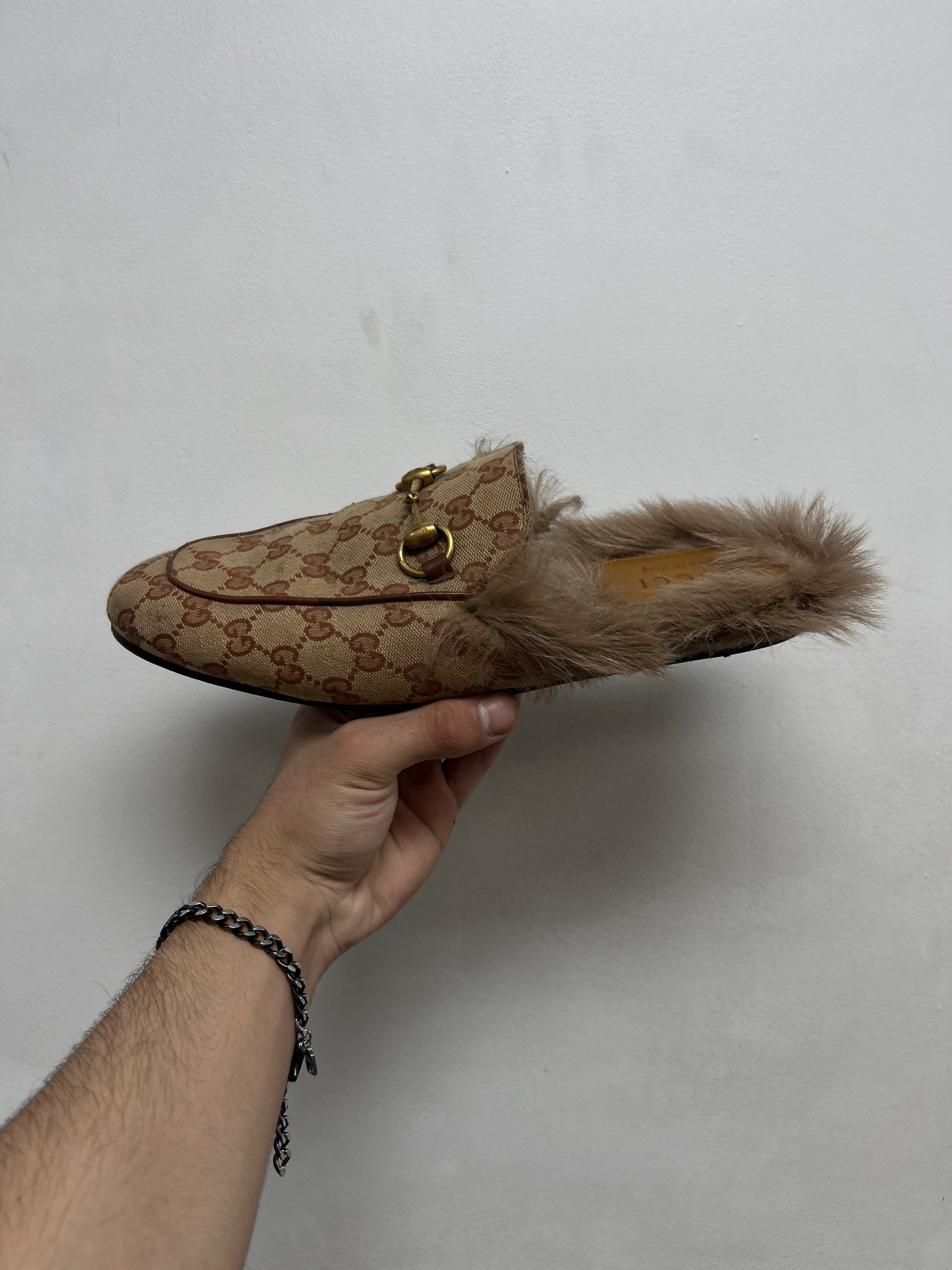 Gucci Brown Monogram Fur Horsebit Slides