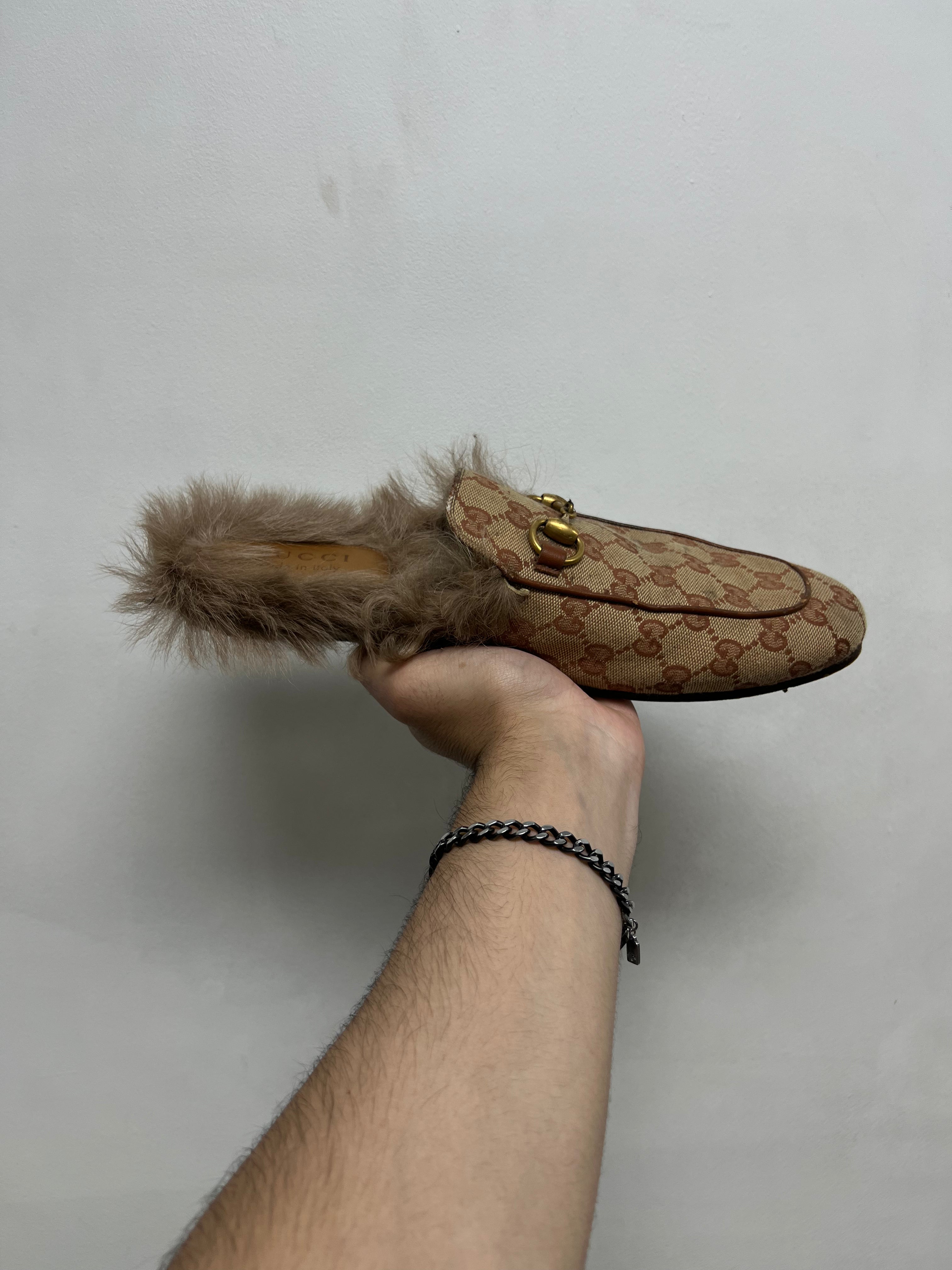 Gucci Brown Monogram Fur Horsebit Slides