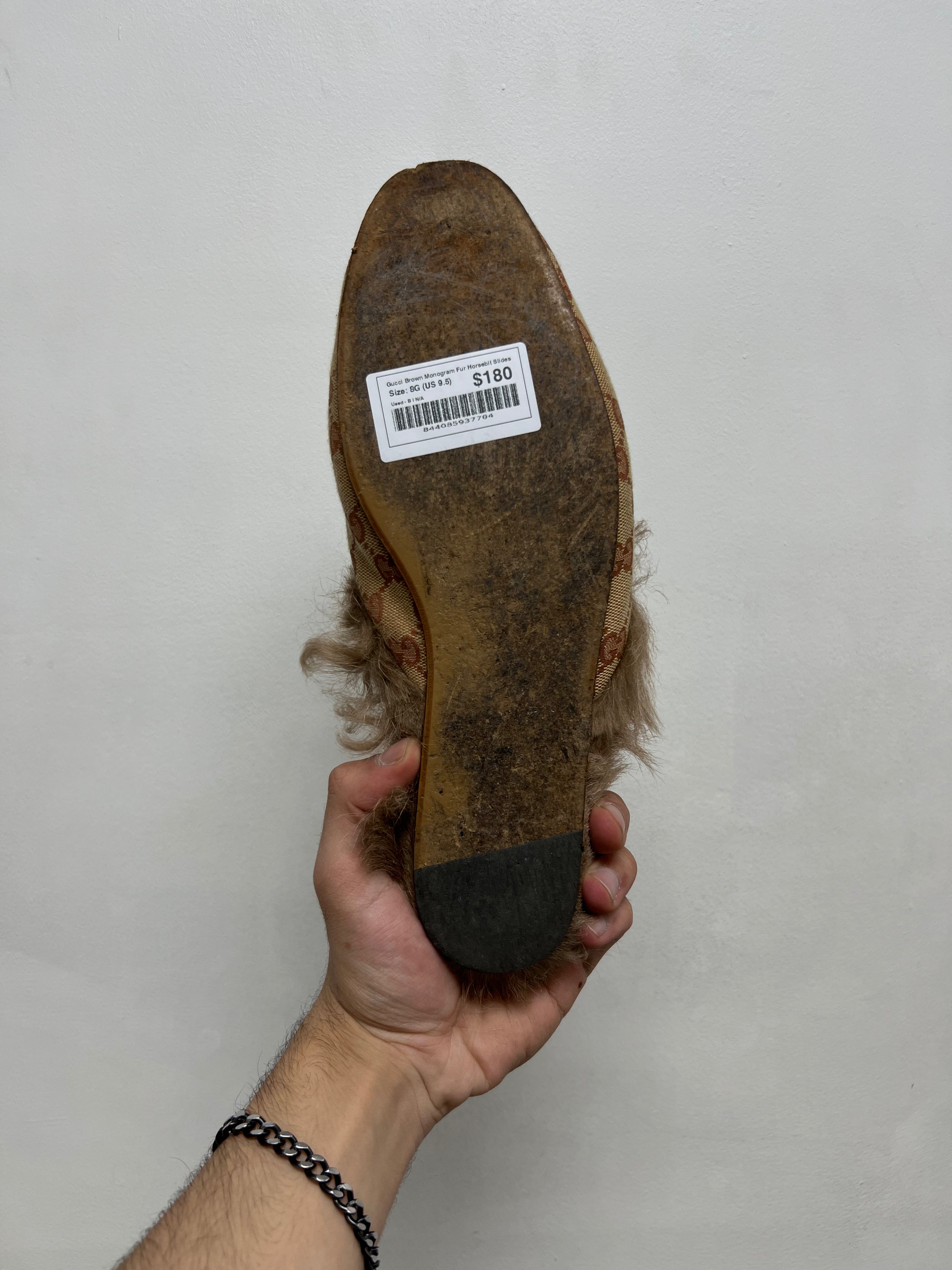 Gucci Brown Monogram Fur Horsebit Slides