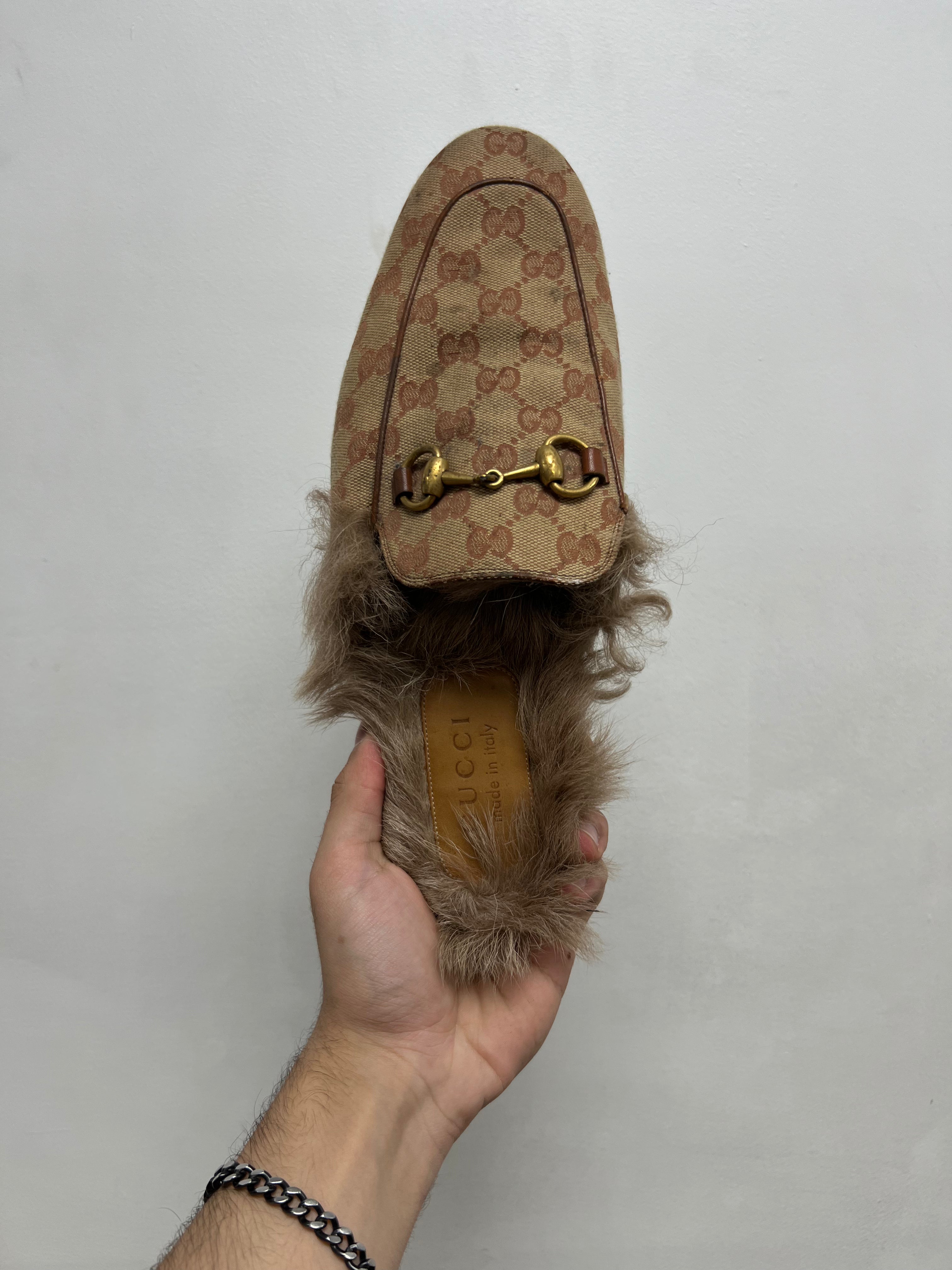 Gucci Brown Monogram Fur Horsebit Slides