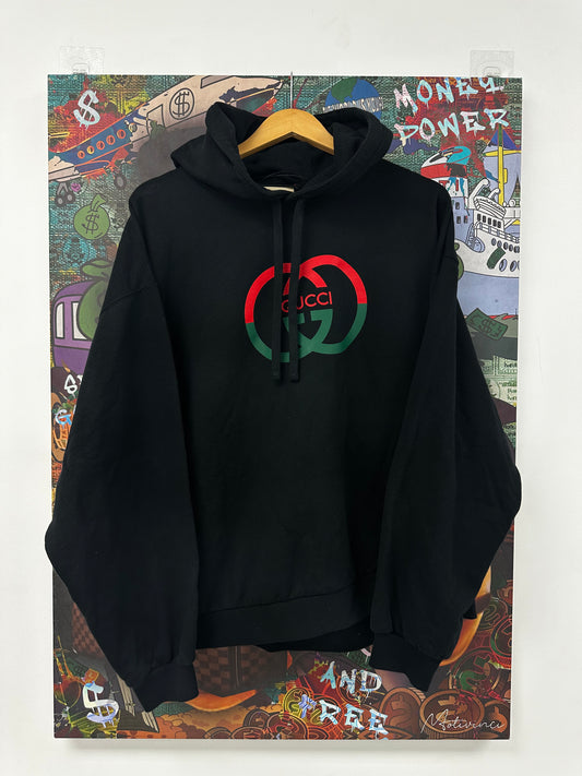 Gucci GG Chest Logo Hoodie Black Green Red Medium Used