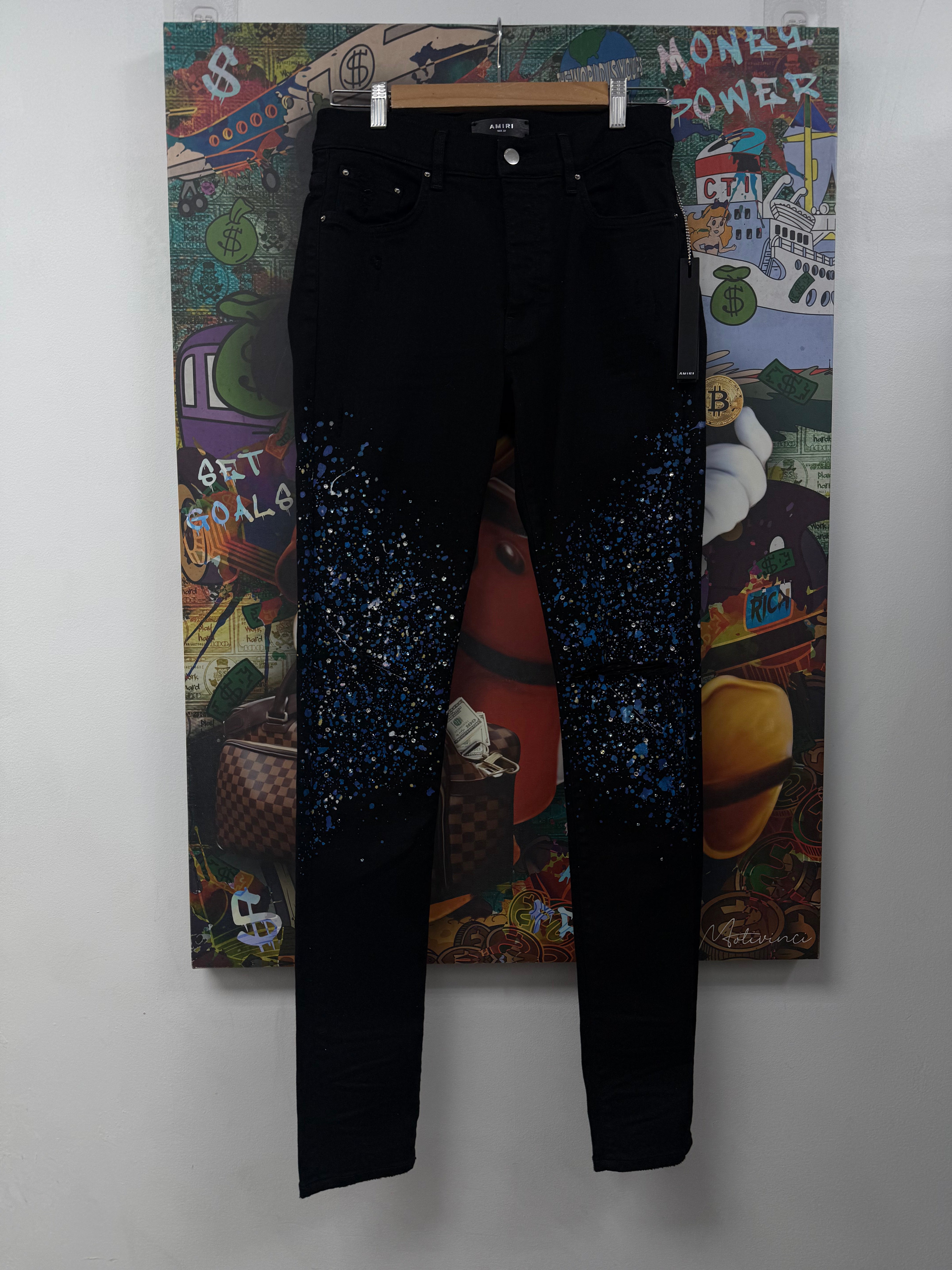 Amiri Black Crystal Paint Splatter Jeans