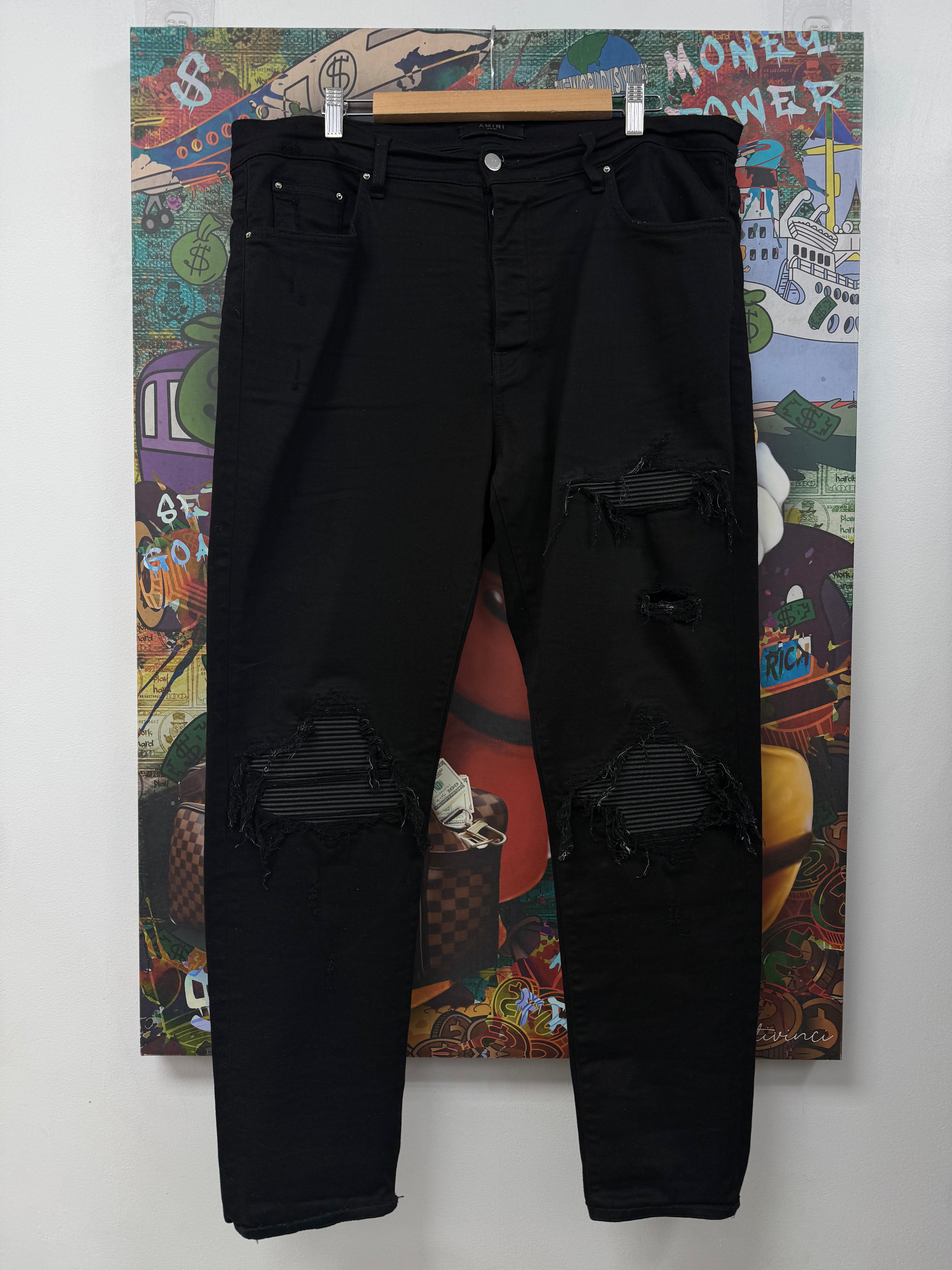 Amiri MX1 Black Black Leather Patch Jeans