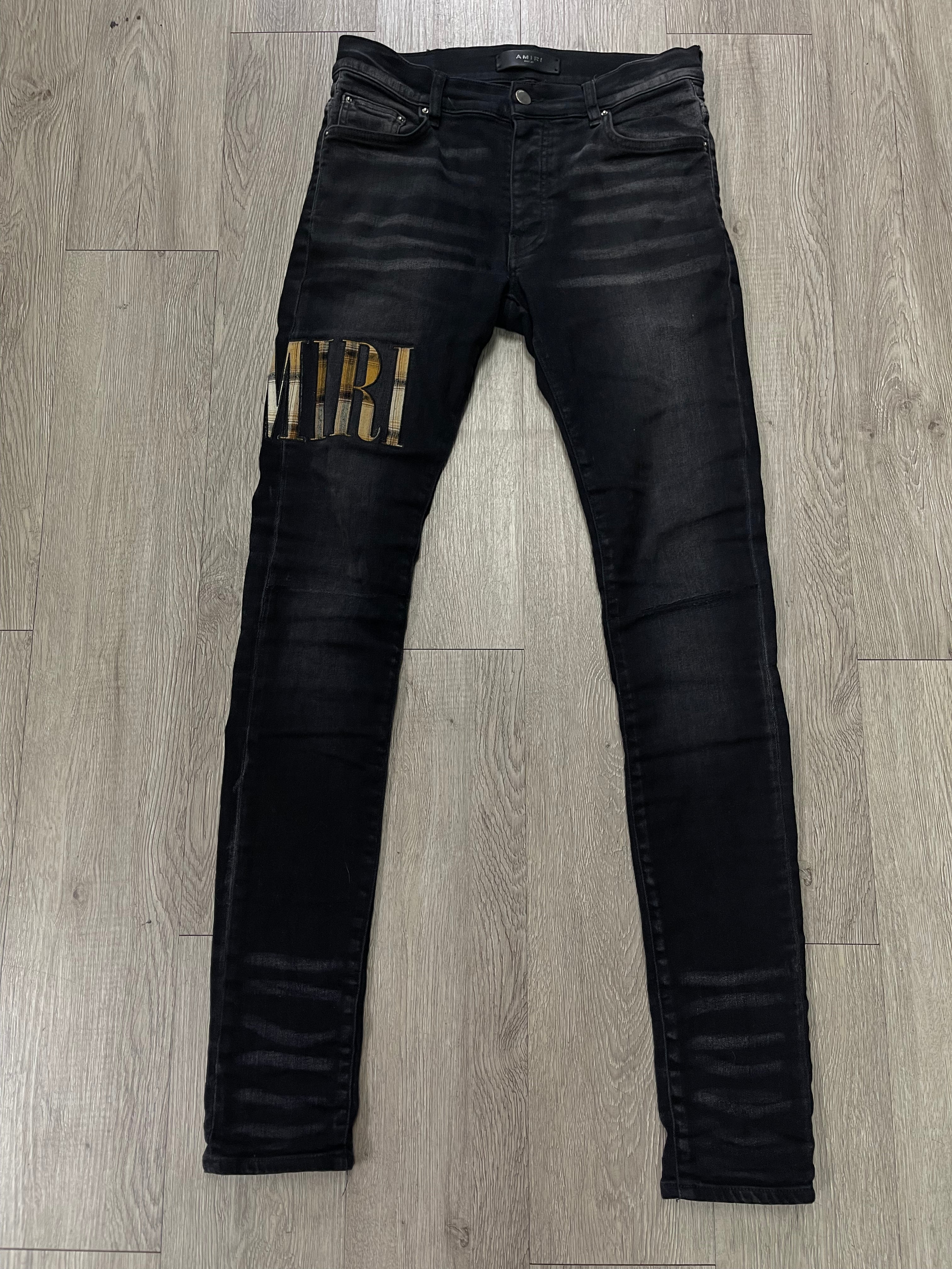 Amiri Black Wash Yellow Plaid Side Logo Jeans