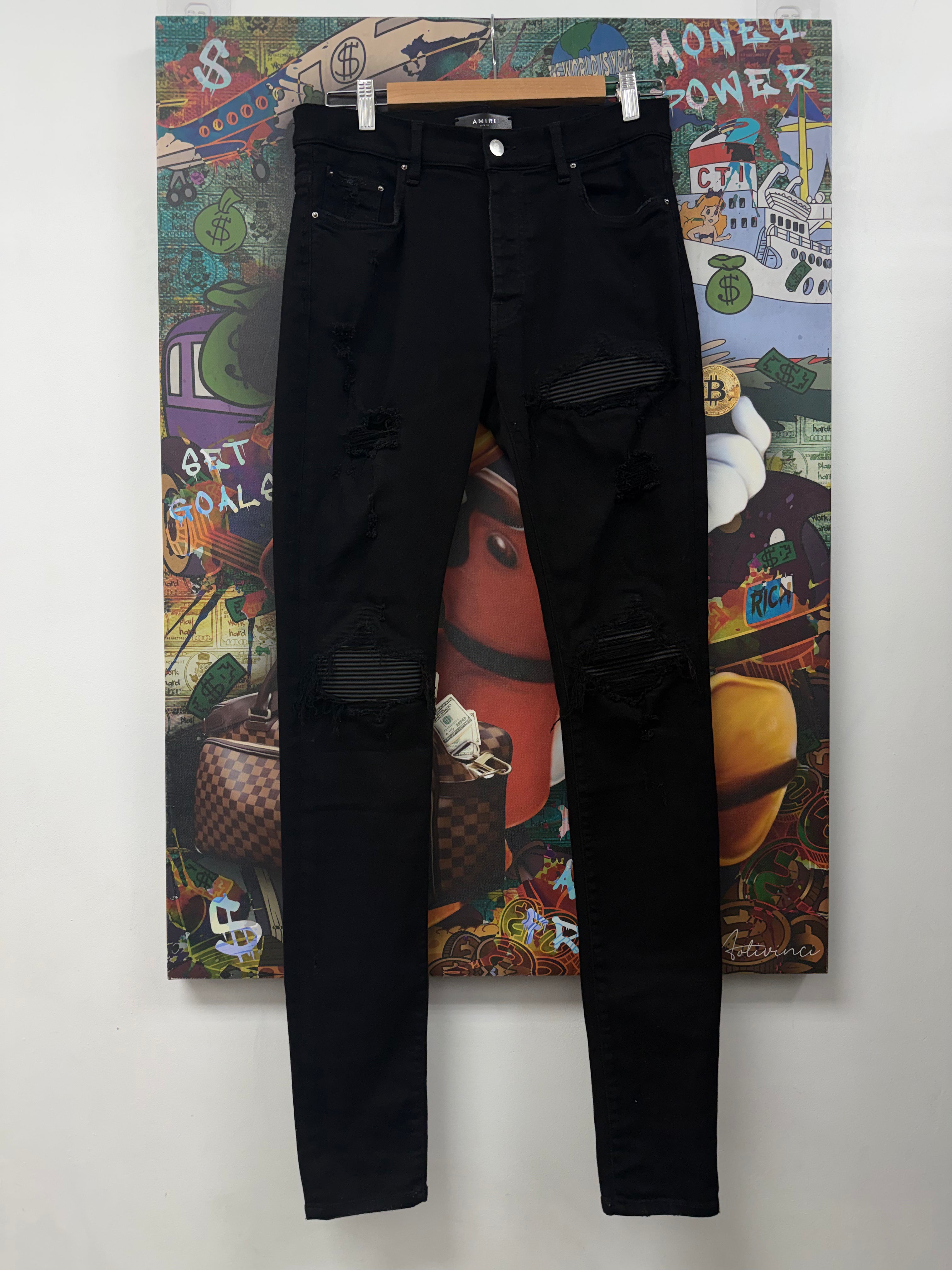 Amiri MX1 Black Black Leather Patch Jeans
