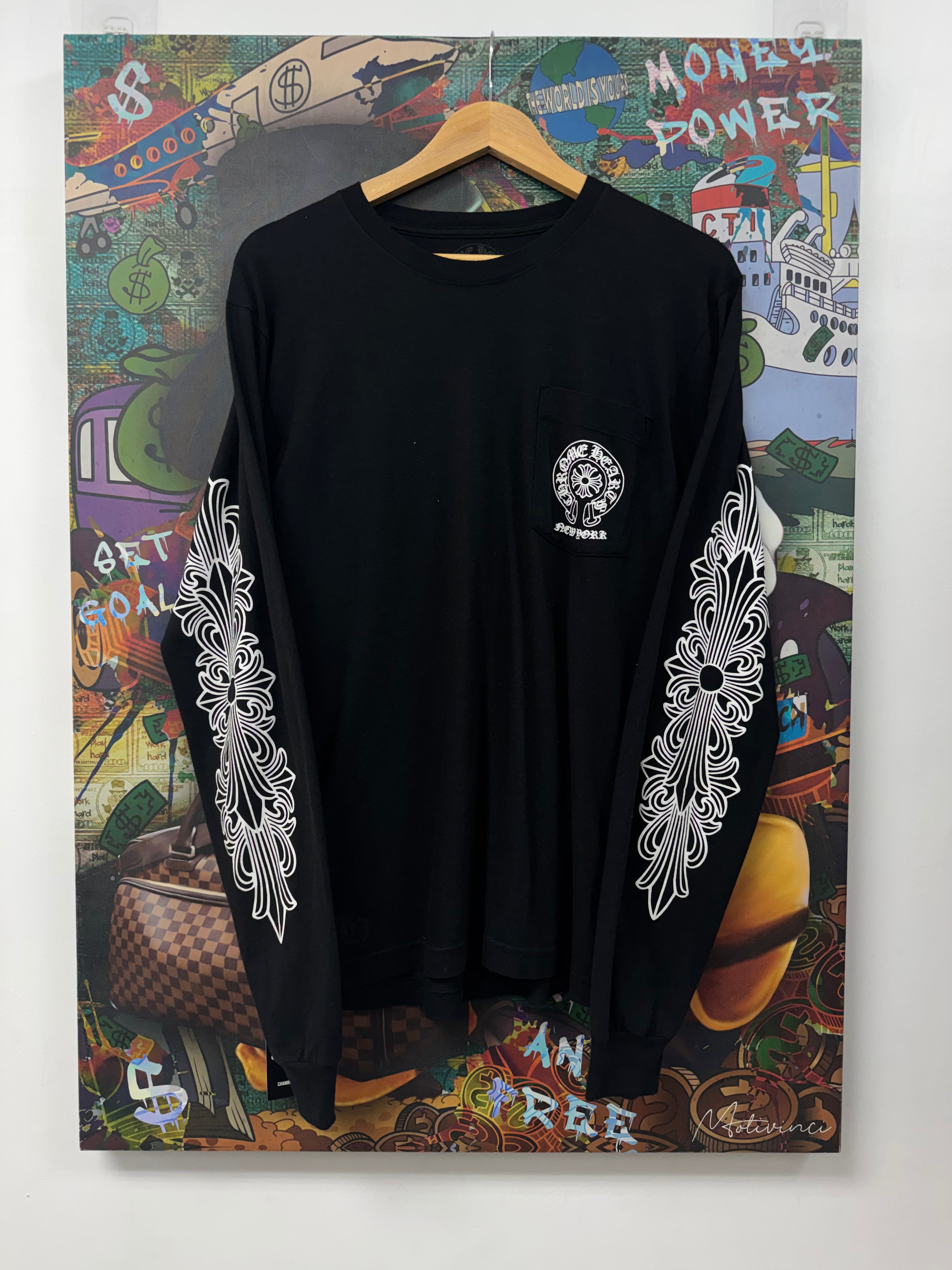 Chrome Hearts Black White New York Horseshoe Floral Long Sleeve Tee