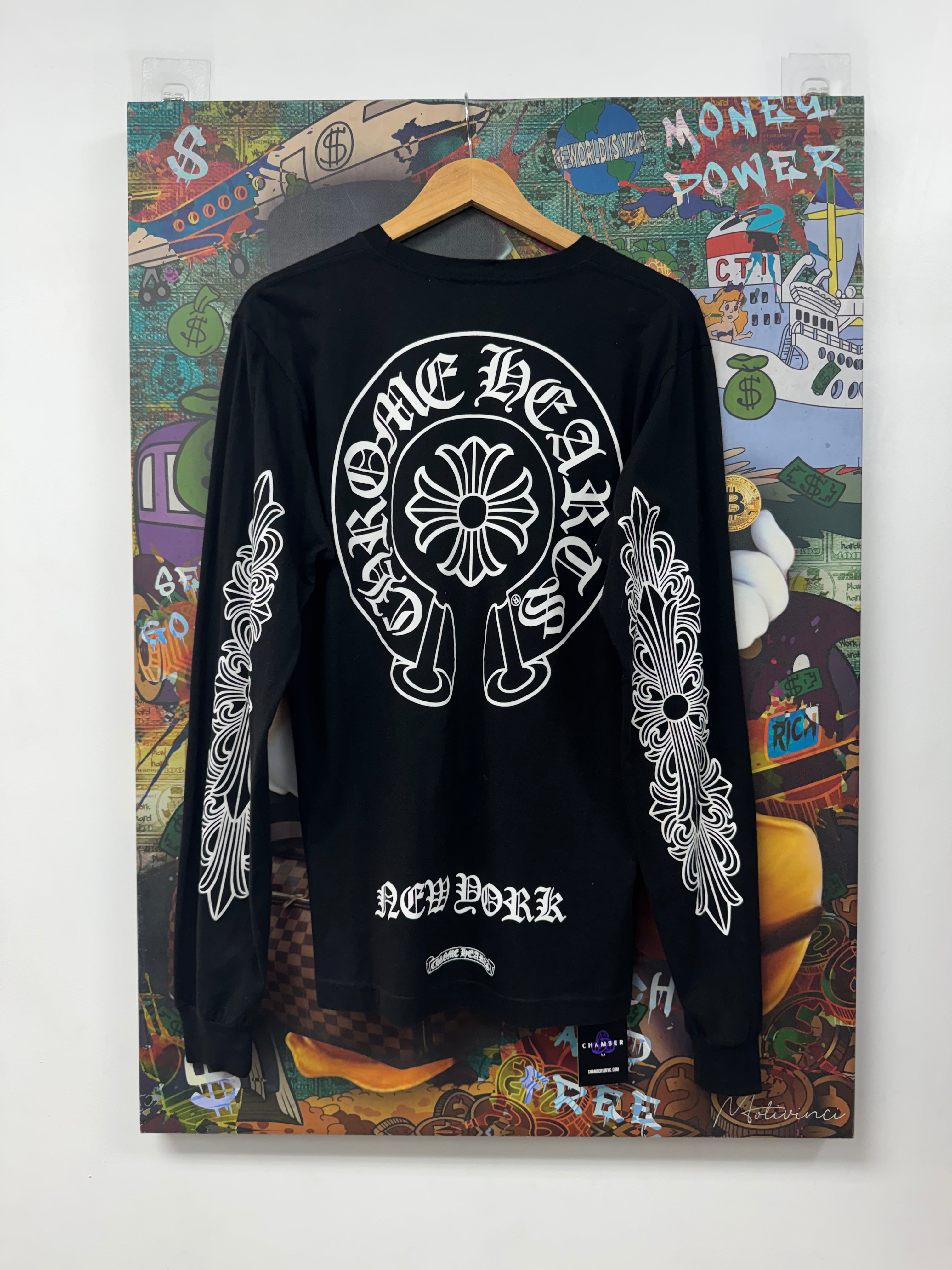 Chrome Hearts Black White New York Horseshoe Floral Long Sleeve Tee