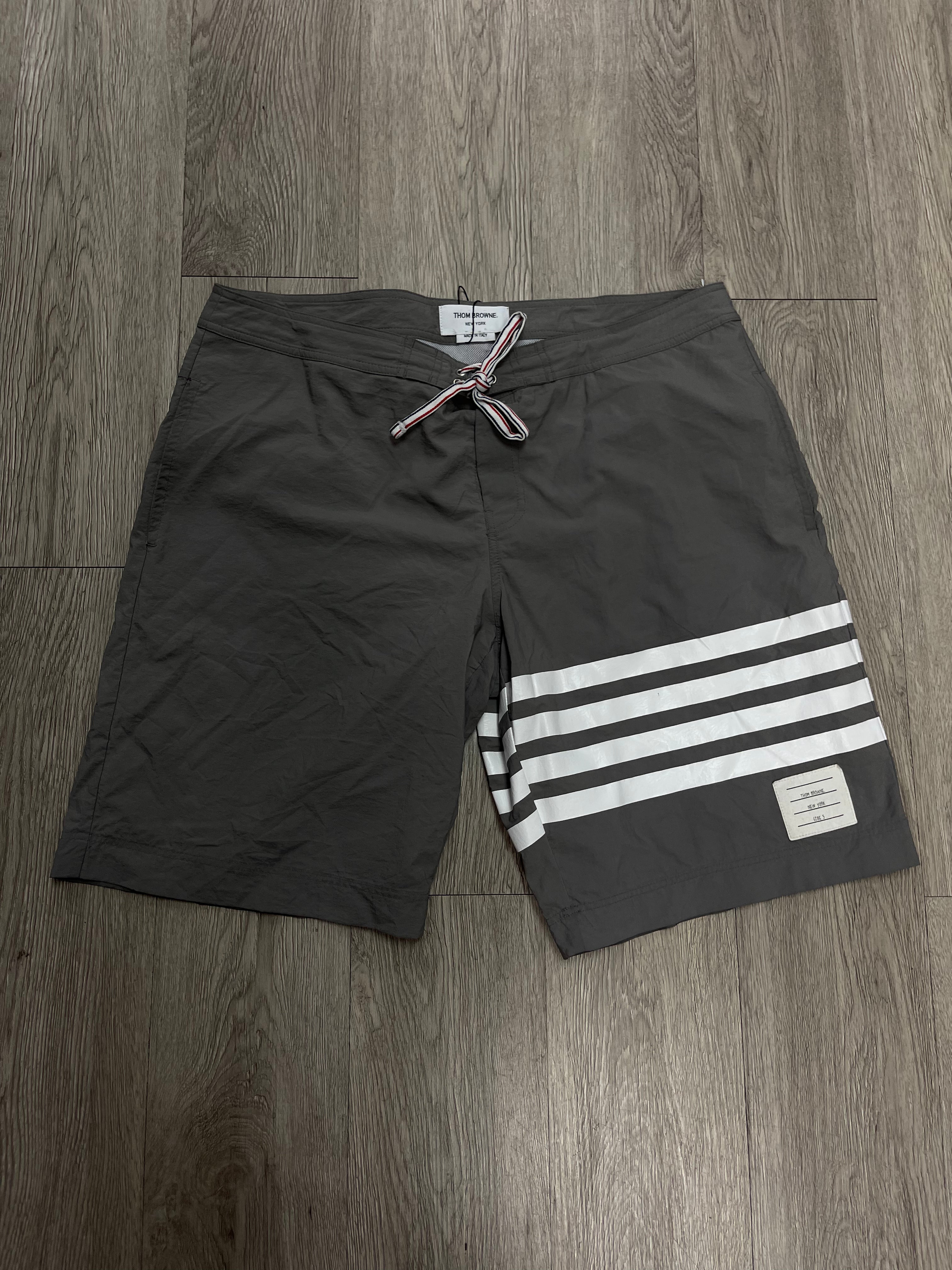 Thom Browne Grey White Swim Trunks