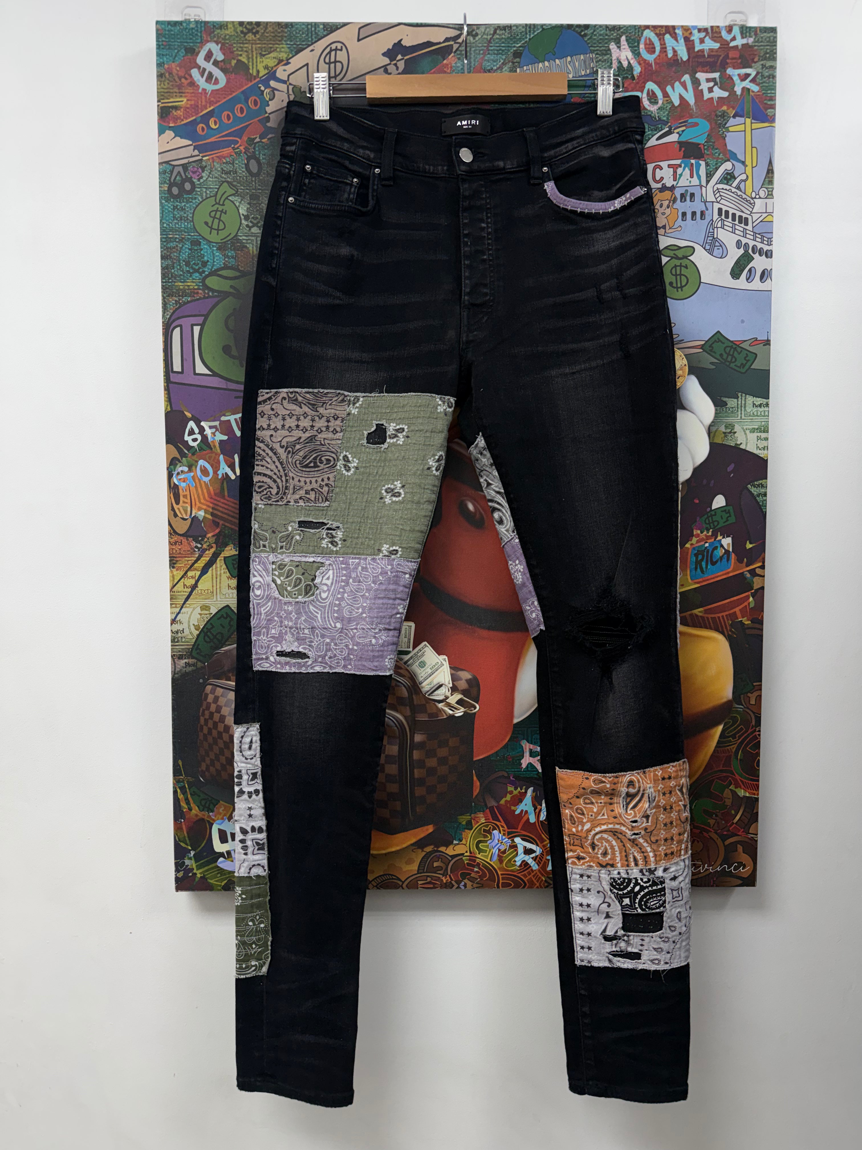 Amiri Black Wash Halloween Paisley Patchwork Jeans