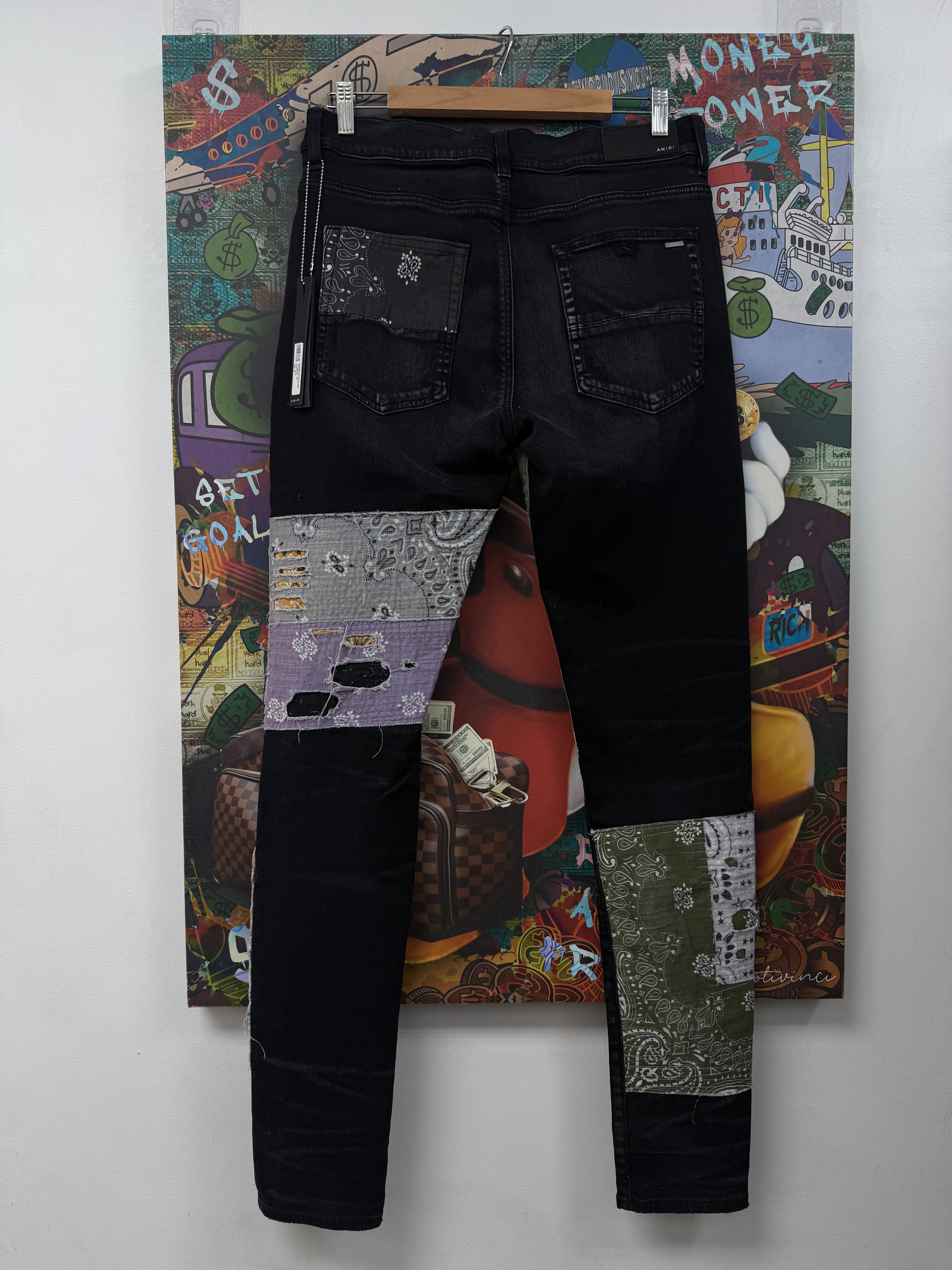 Amiri Black Wash Halloween Paisley Patchwork Jeans