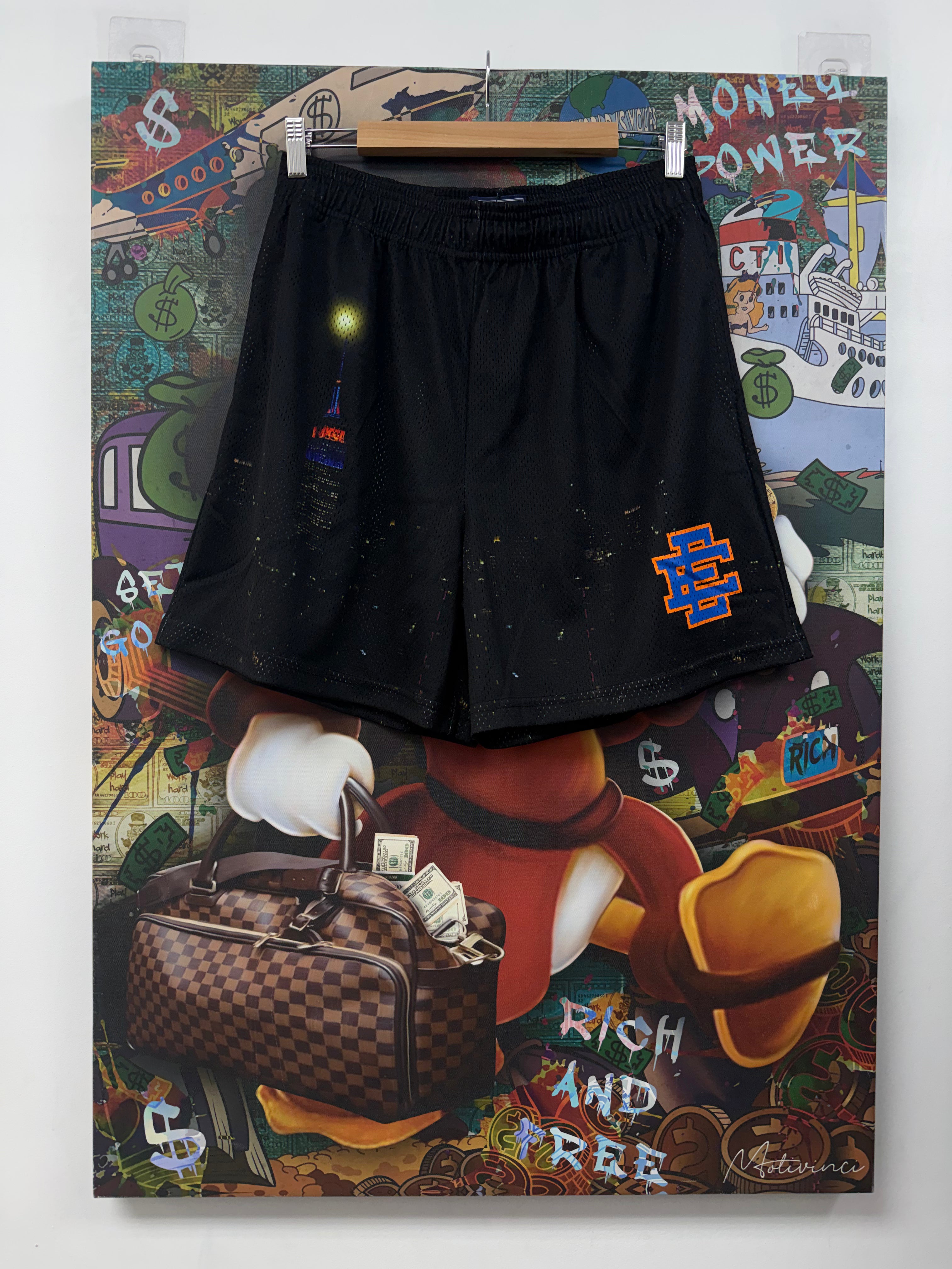Eric Emanuel Black Building Skyline Blue Orange Shorts