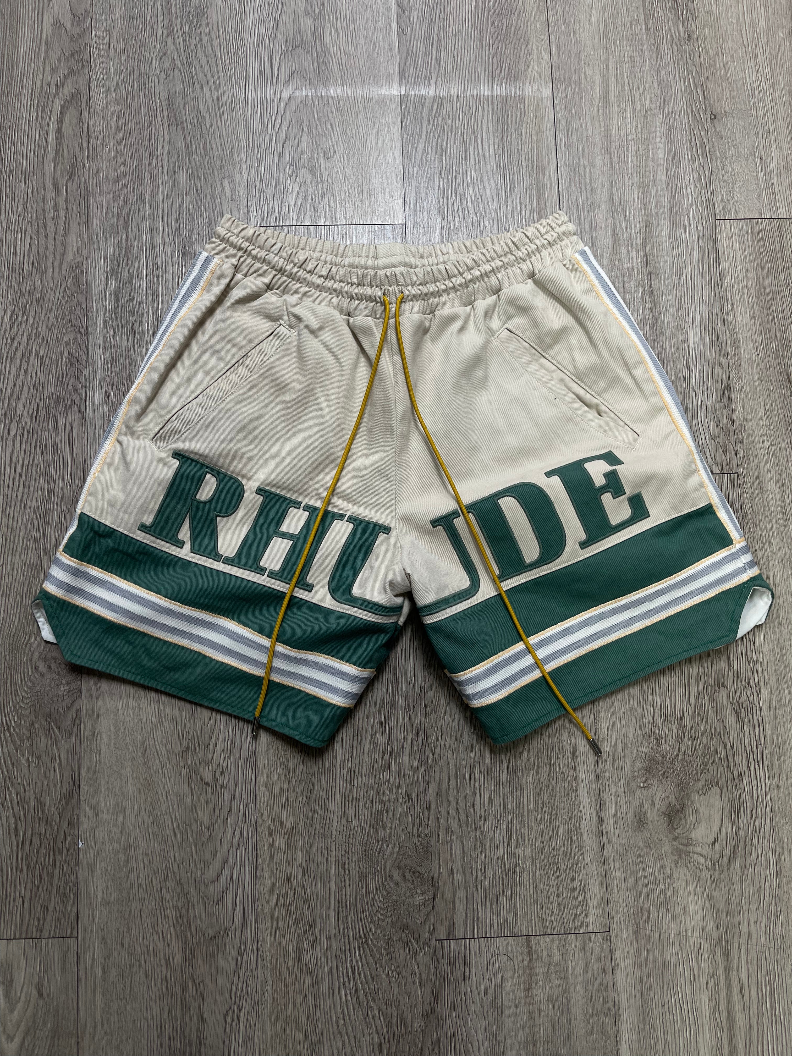 Rhude Cream Green Logo Shorts