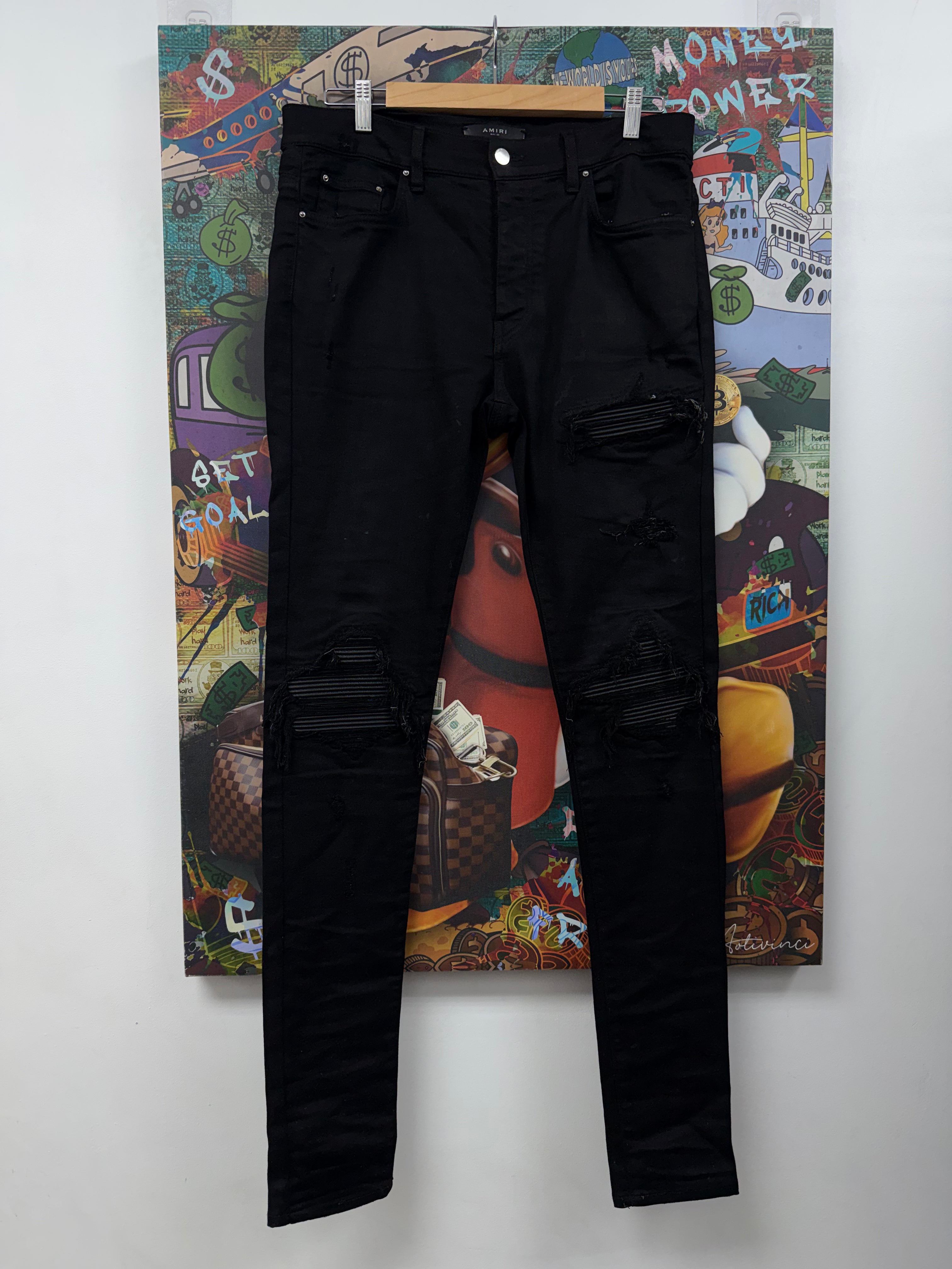 Amiri MX1 Black Black Leather Patch Jeans