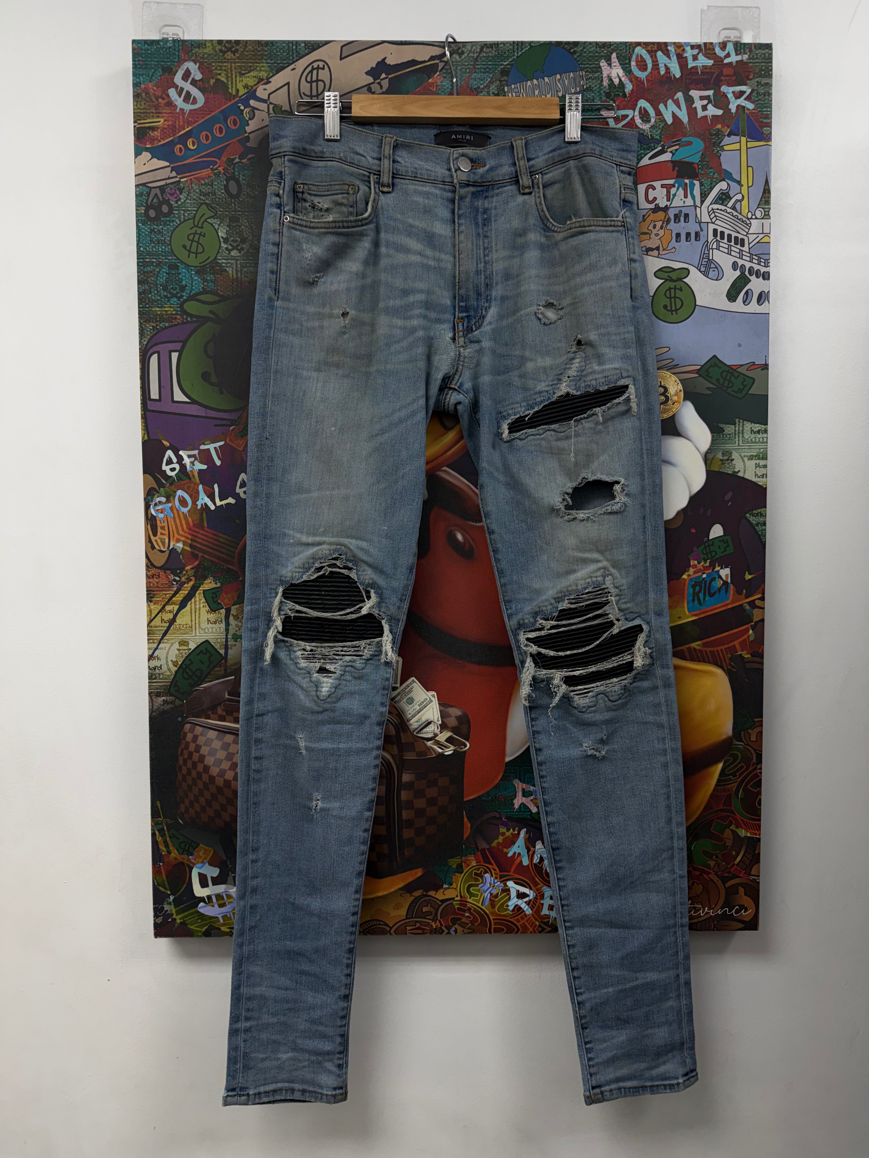 Amiri MX1 Light Wash Black Leather Patch (Zipper) Jeans
