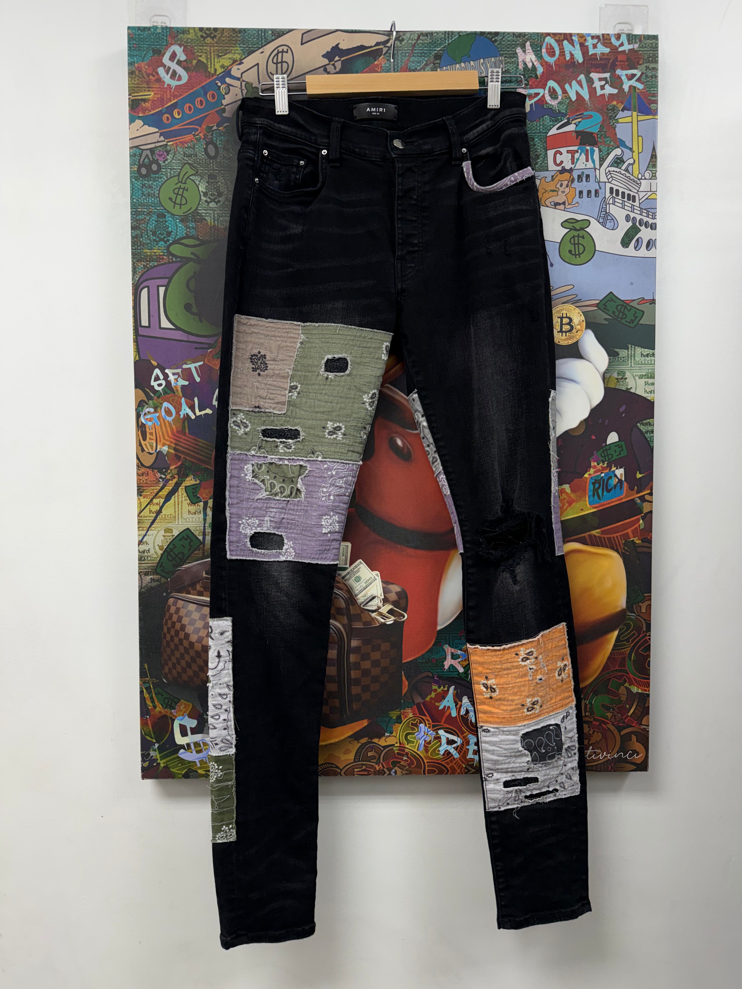 Amiri Black Green Orange Purple Bandana Halloween Patchwork Jeans