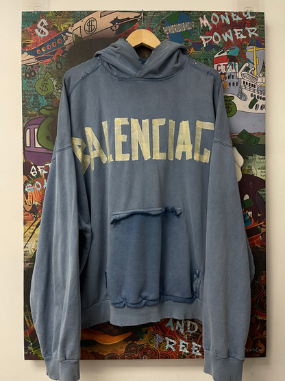 Balenciga Distressed Tape Logo Hoodie Blue Used
