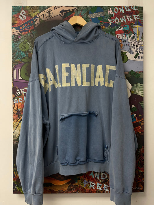Balenciga Distressed Tape Logo Hoodie Blue Used