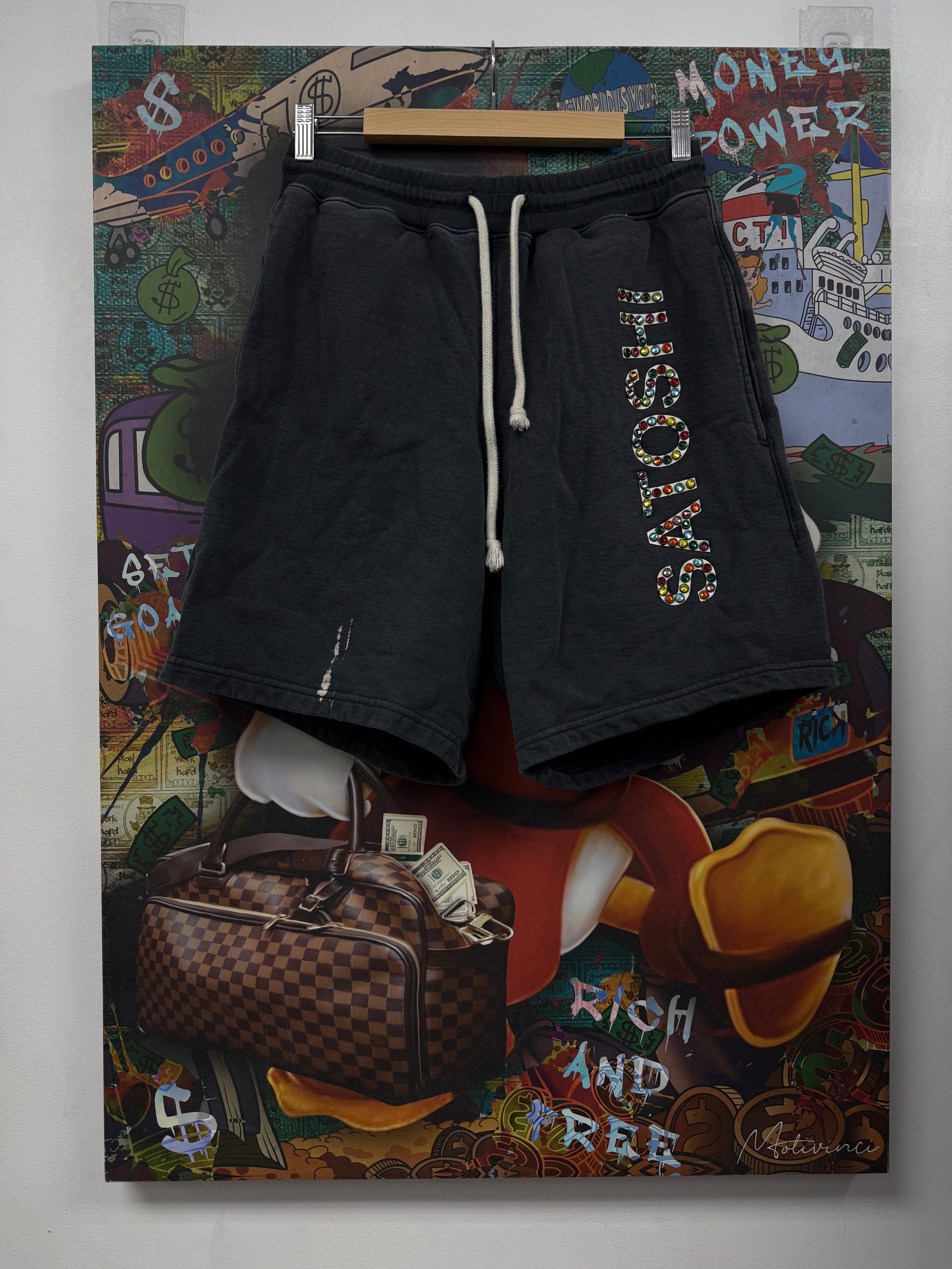 Satoshi Nakamoto Black Wash Studded Shorts