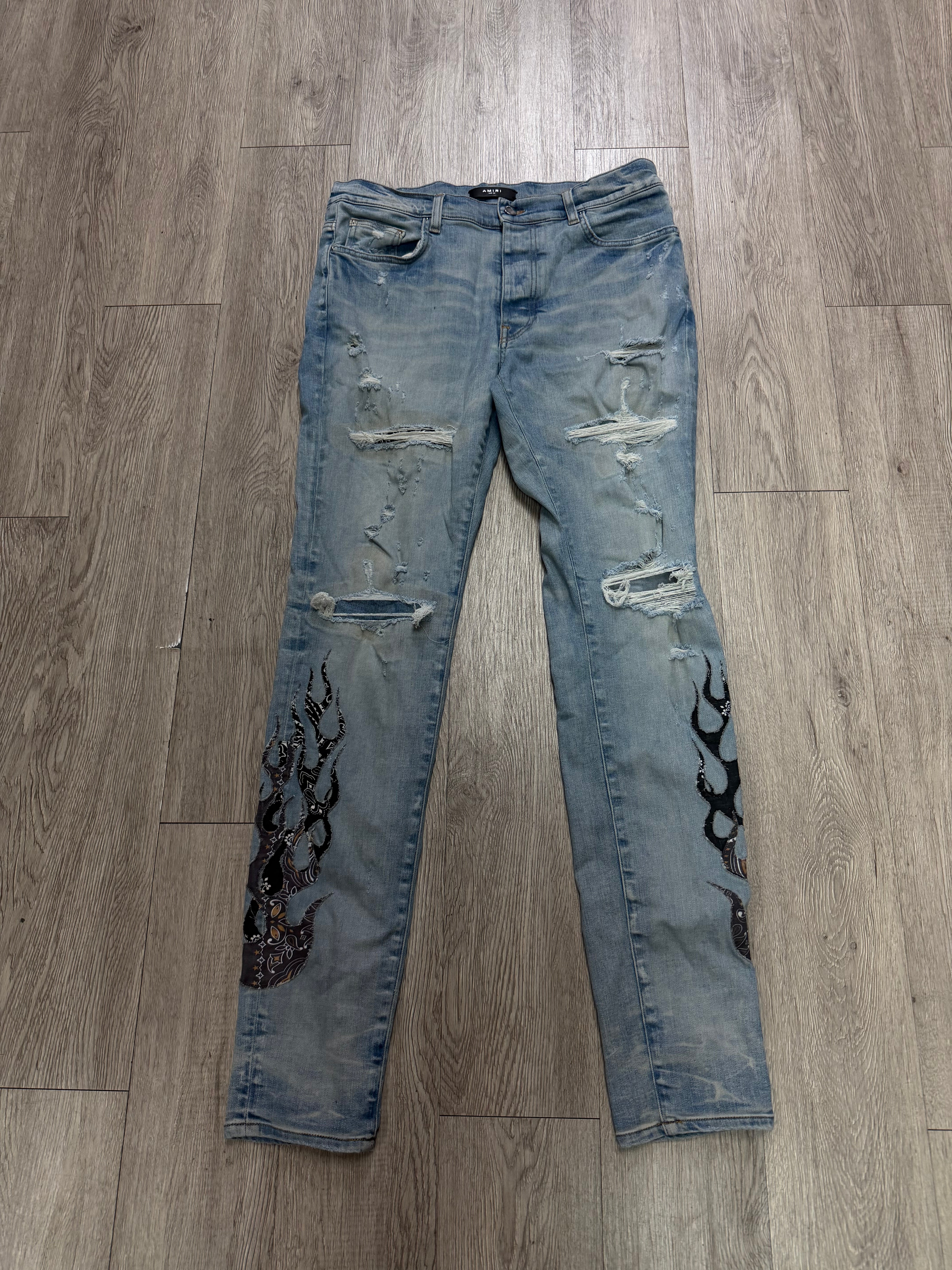 Amiri Light Wash Paisley Flames Jeans