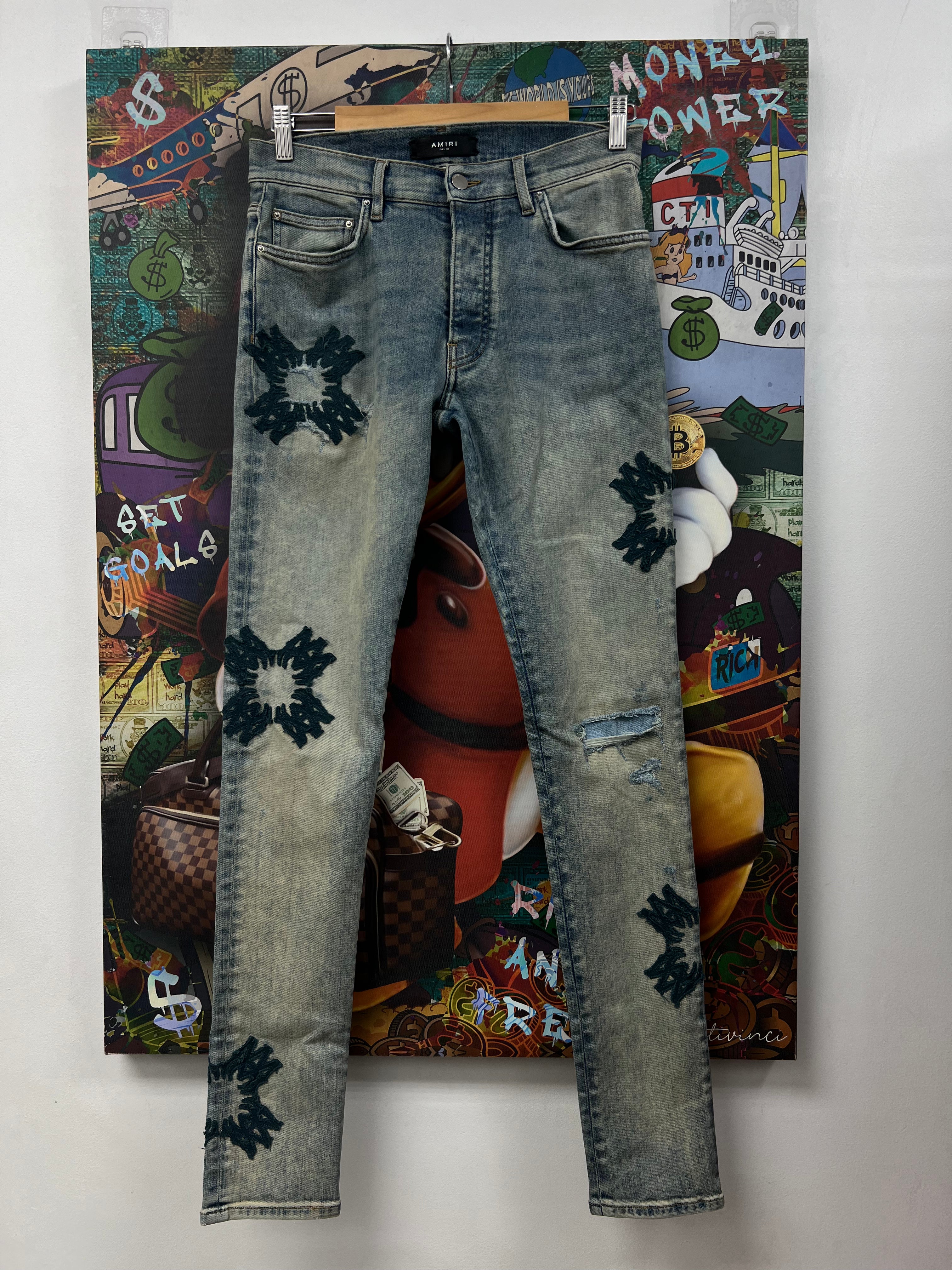 Amiri Light Wash Quad MA Teal Patchwork Jeans