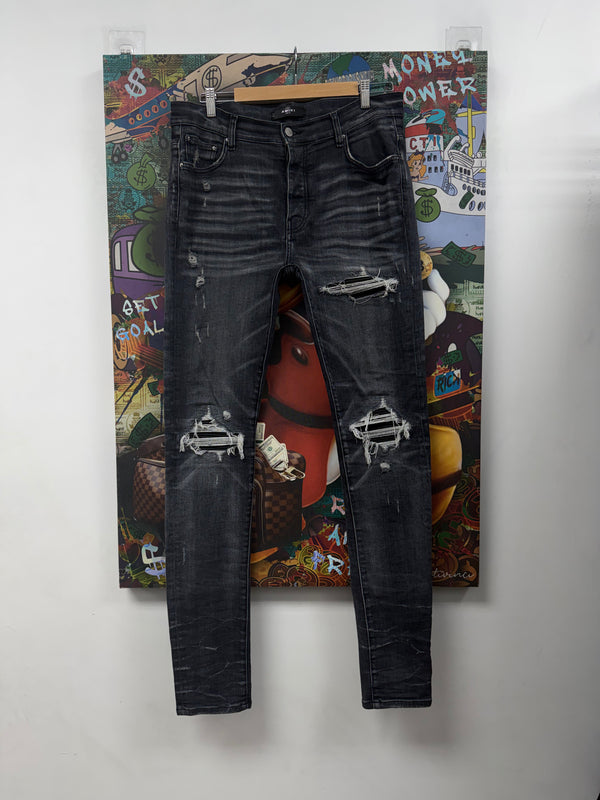 Amiri MX1 Storm Grey Black Leather Patch Jeans