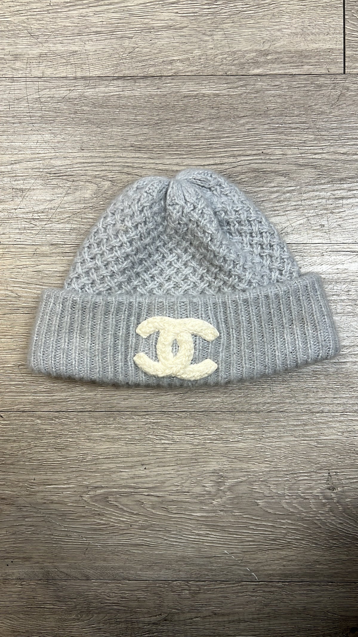 Chanel Grey Knit CC Logo Beanie