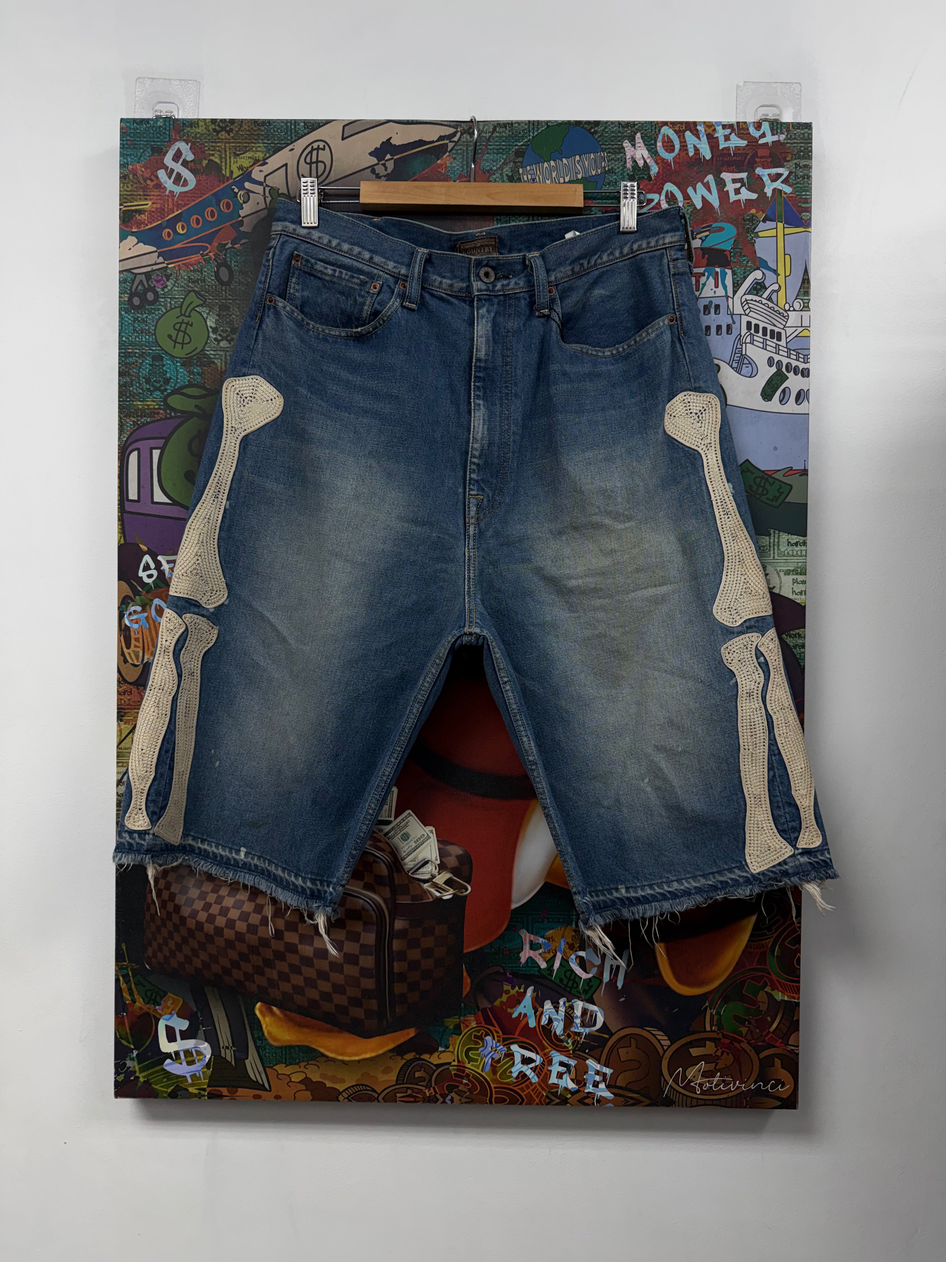 Kapital Light Wash Bone Denim Shorts