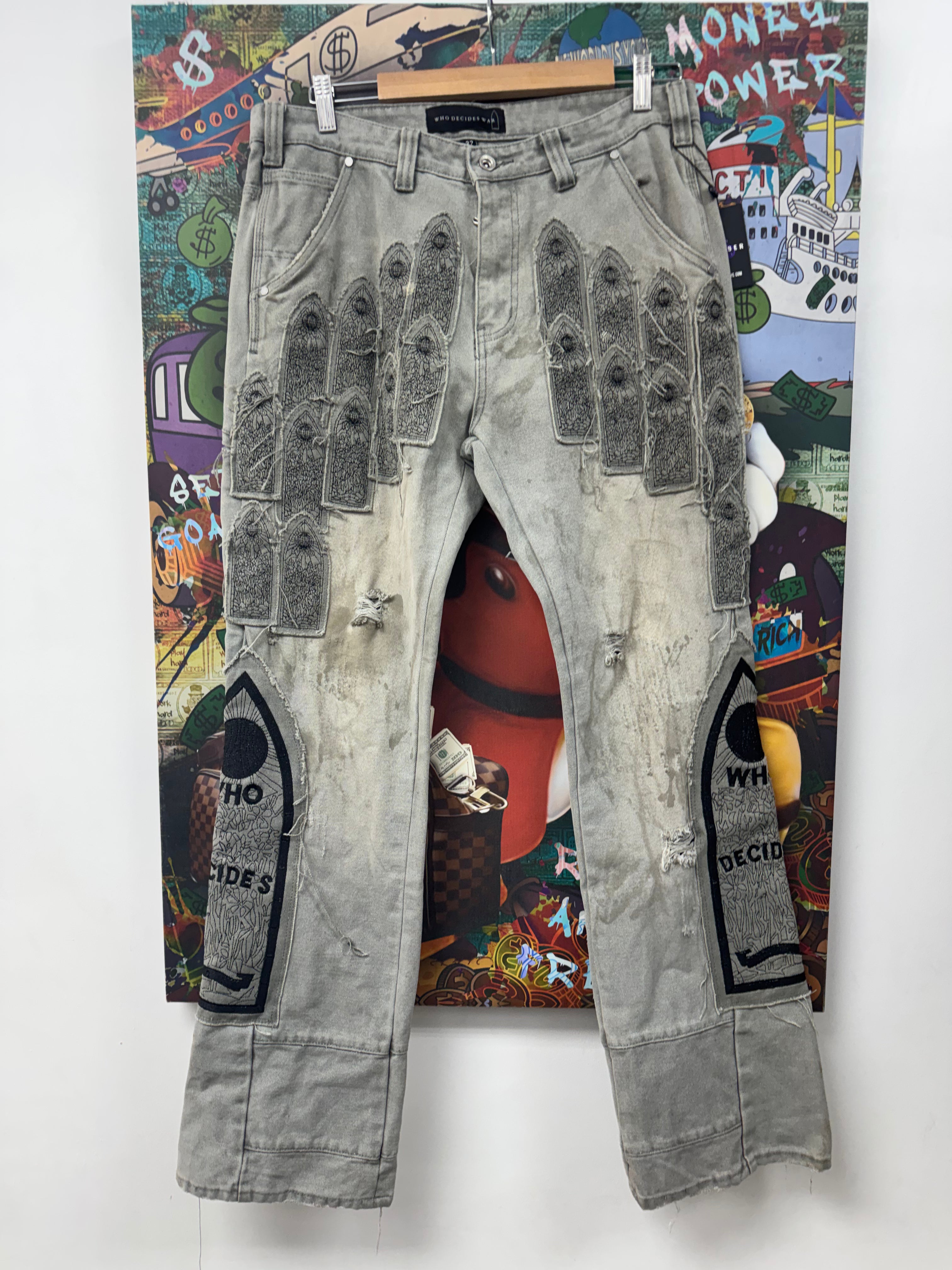Who Decides War Grey Black Arch Flooded Patch Jeans
