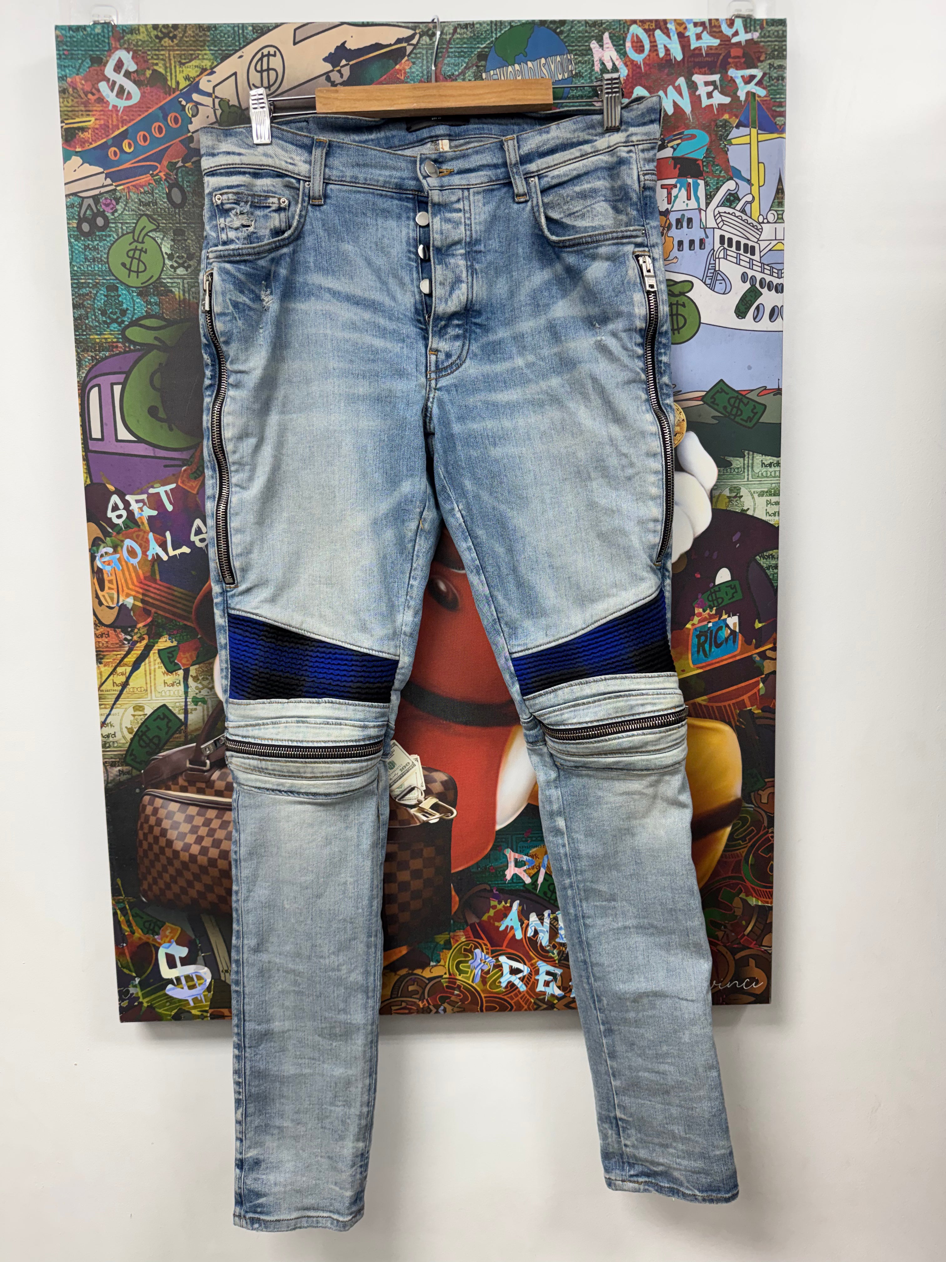 Amiri MX2 Light Wash Blue Black Plaid Patch Jeans