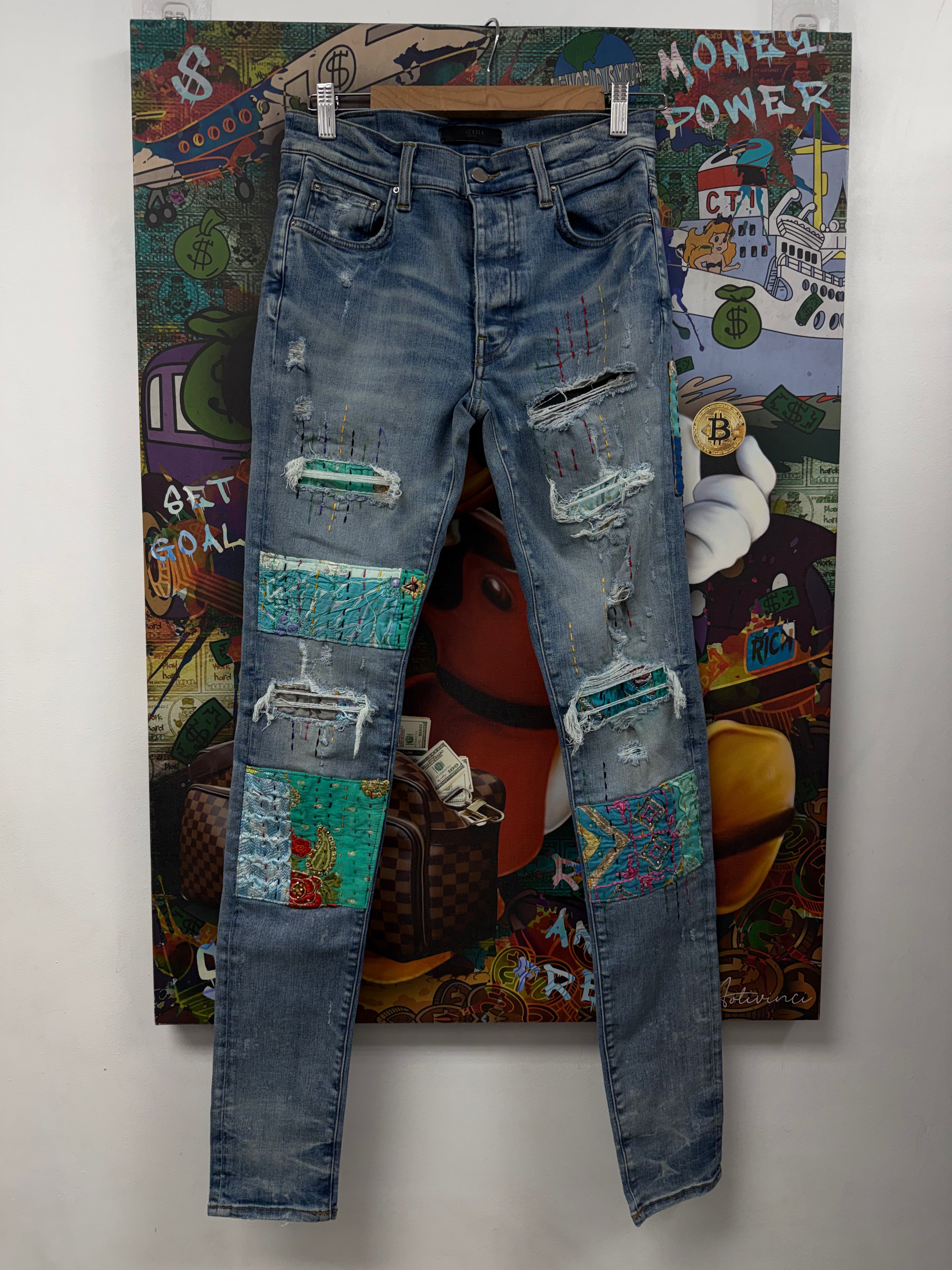 Amiri Light Wash Quilted Blue Patch Jeans