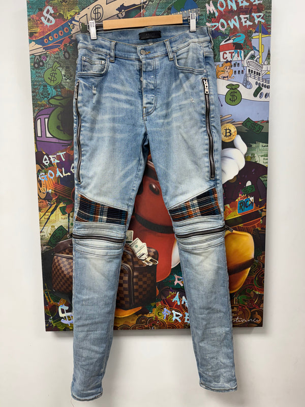 Amiri MX2 Light Wash Blue Orange Plaid Patch Jeans