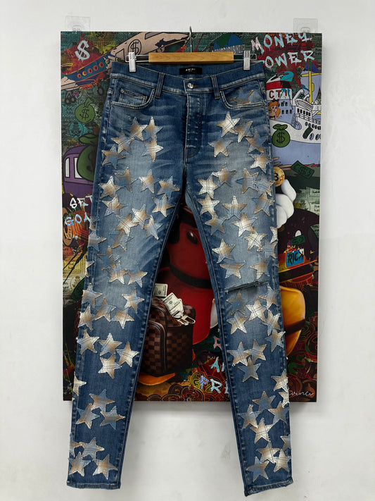 Amiri Jeans Light Wash Chemist Denim Beige Stars Used 32
