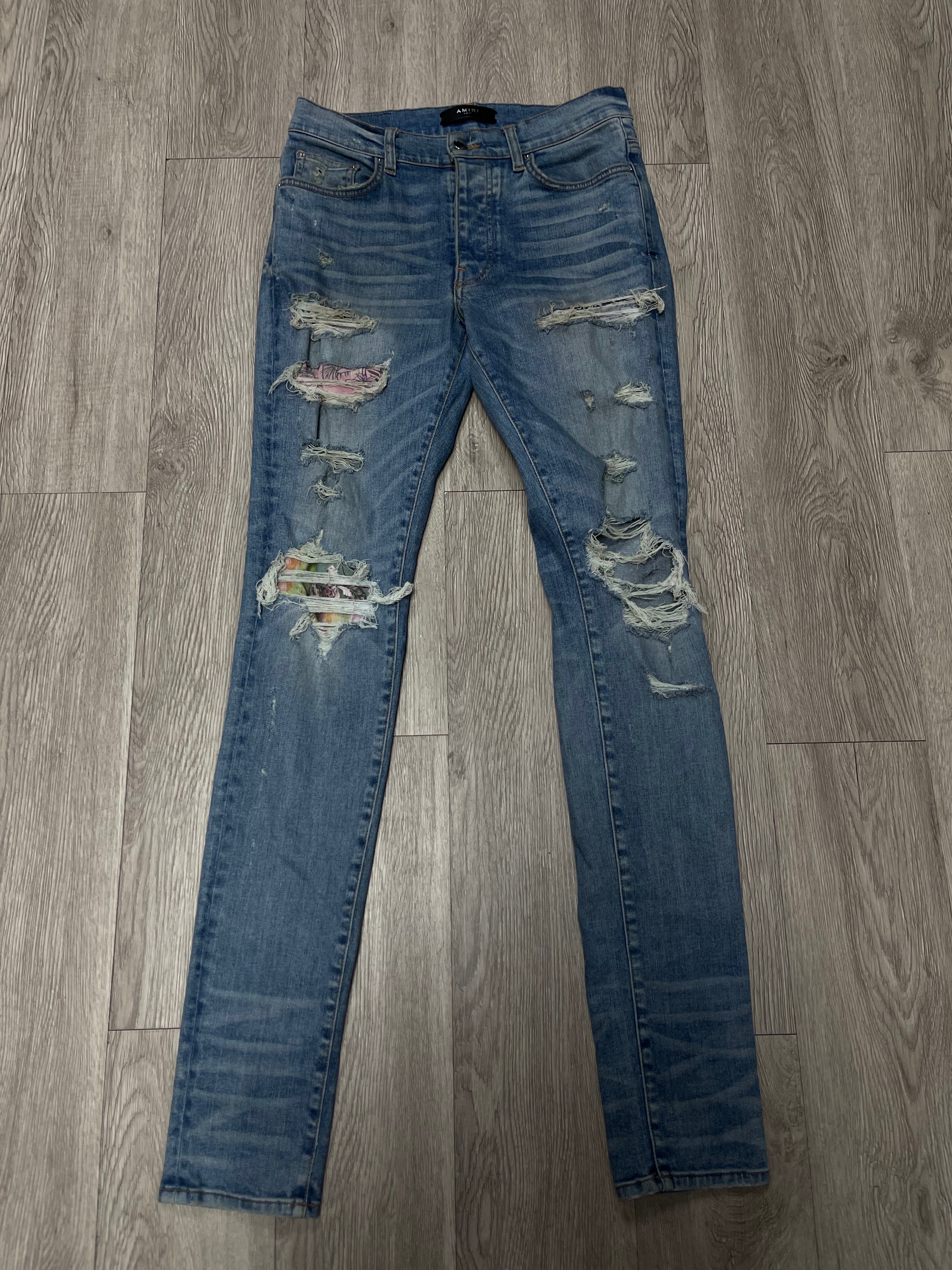 Amiri Light Wash Purple Floral Patch Jeans