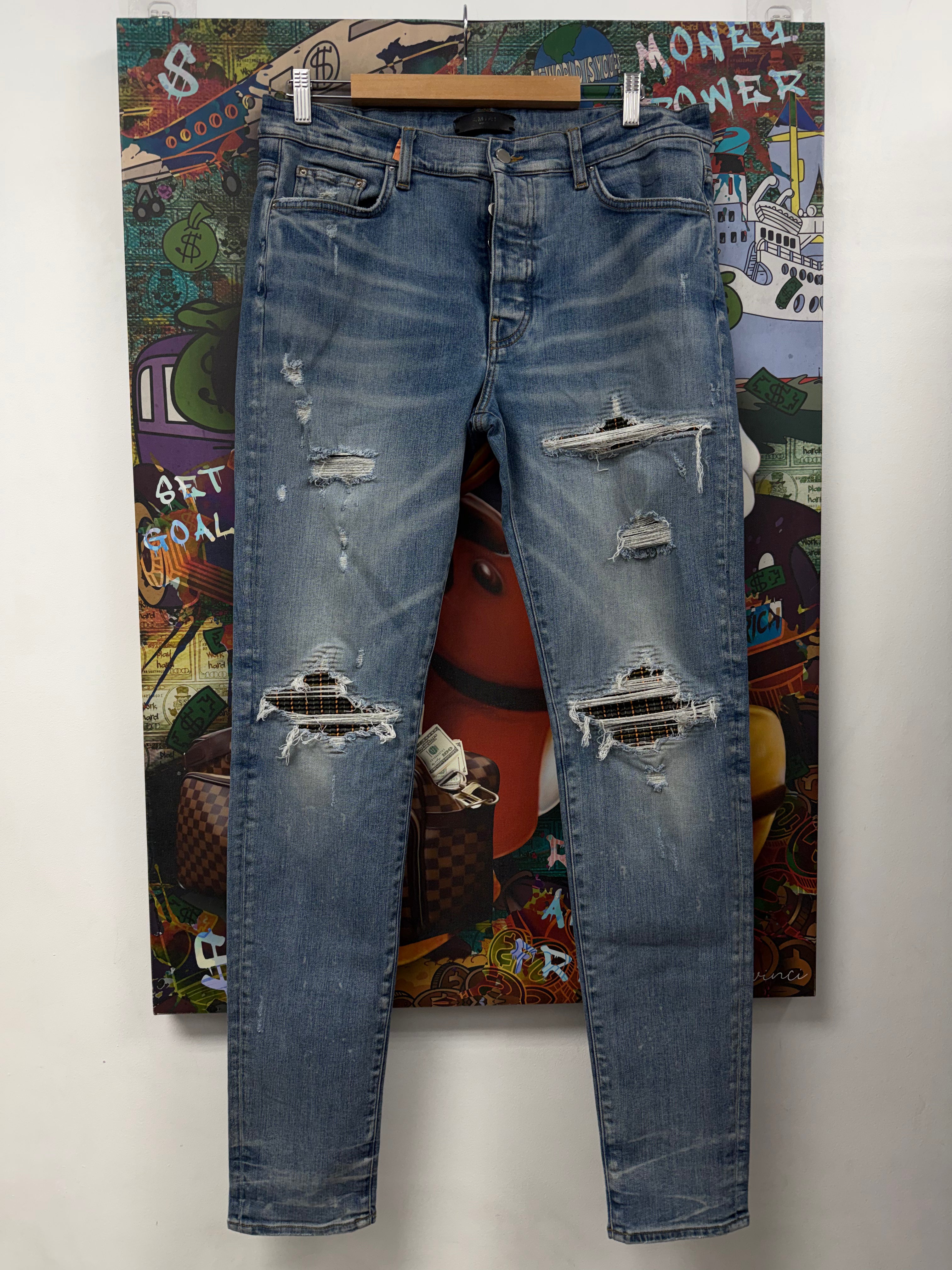 Amiri MX1 Light Wash Green Orange Plaid Patch Jeans